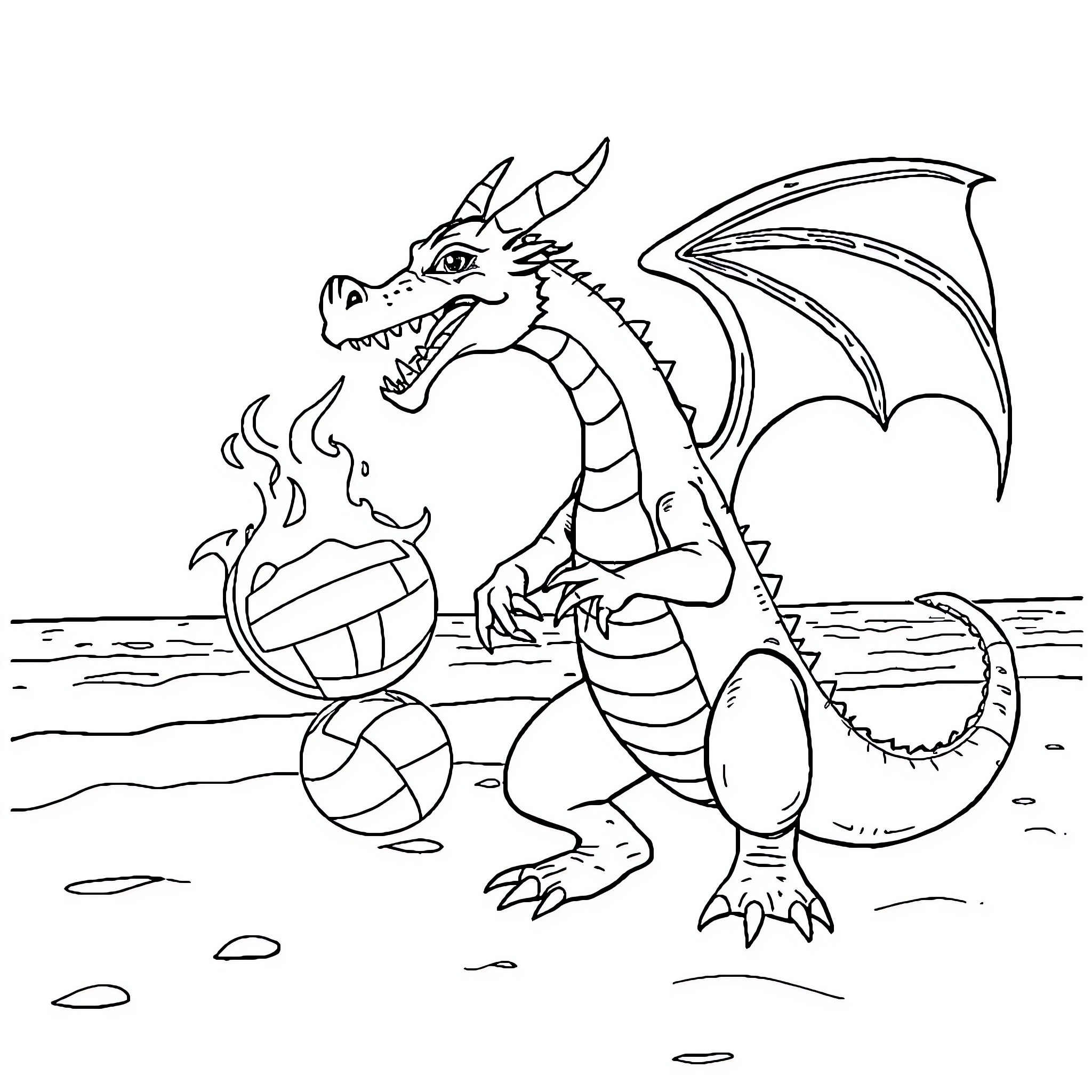 Dragon guarding treasure on the beach Coloring Page (free black-and-white line drawing printable PDF for all, from beginners to advanced learners, including children, teens, adults, and seniors)