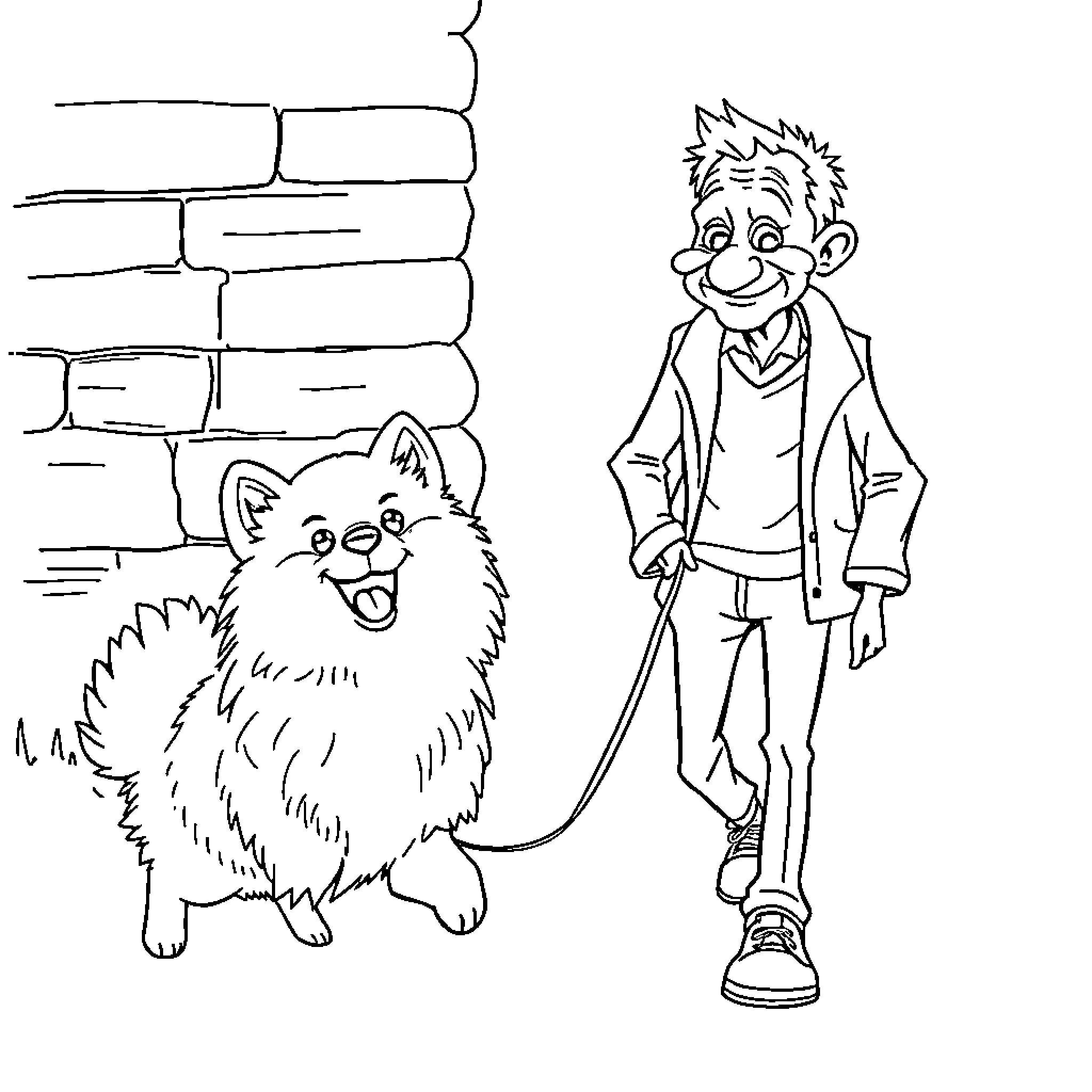 Pomeranian happily walking with its owner Coloring Page (free black-and-white line drawing printable PDF for all, from beginners to advanced learners, including children, teens, adults, and seniors)