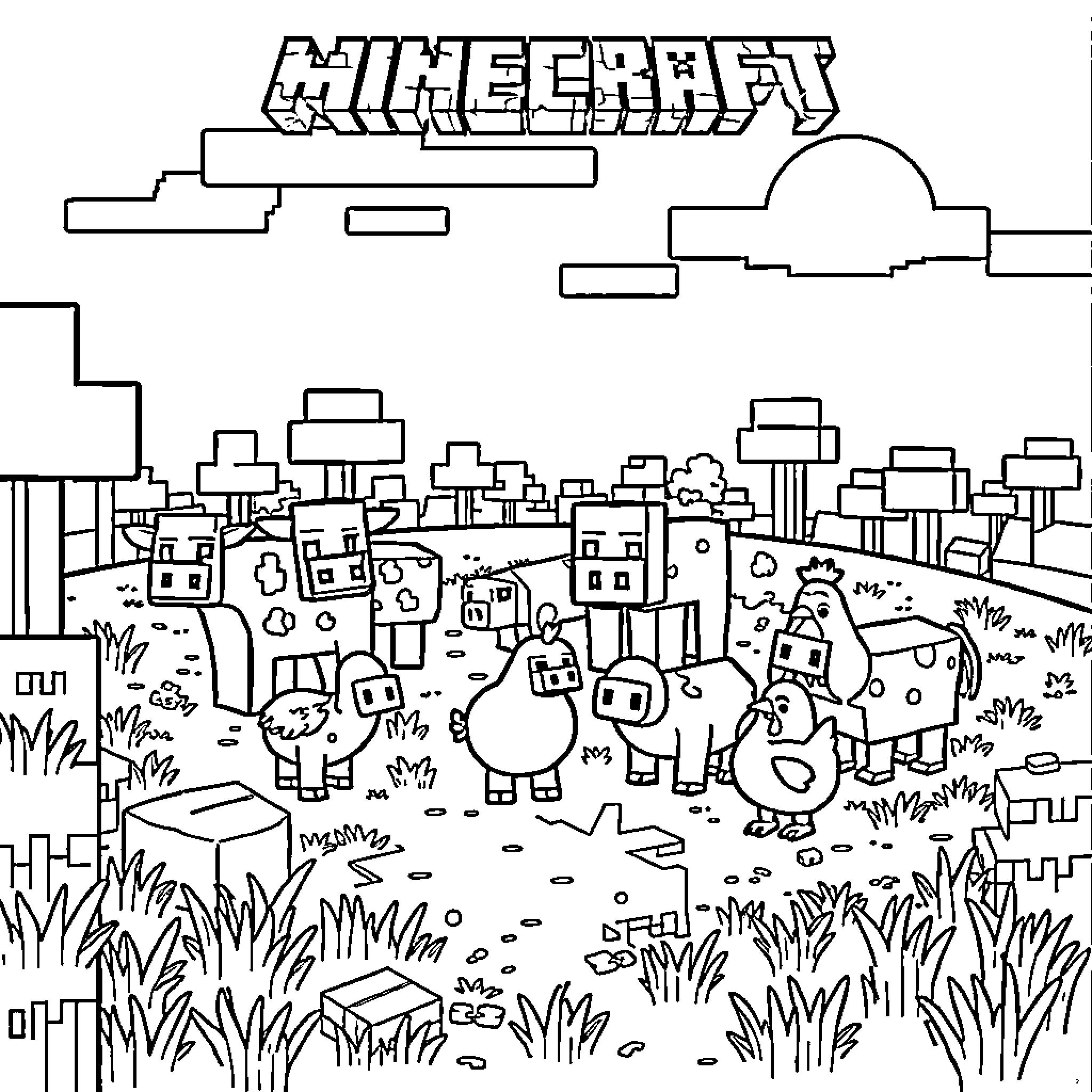 Minecraft Animal Playing in Grassy Landscape Coloring Page (free black-and-white line drawing printable PDF for all, from beginners to advanced learners, including children, teens, adults, and seniors)
