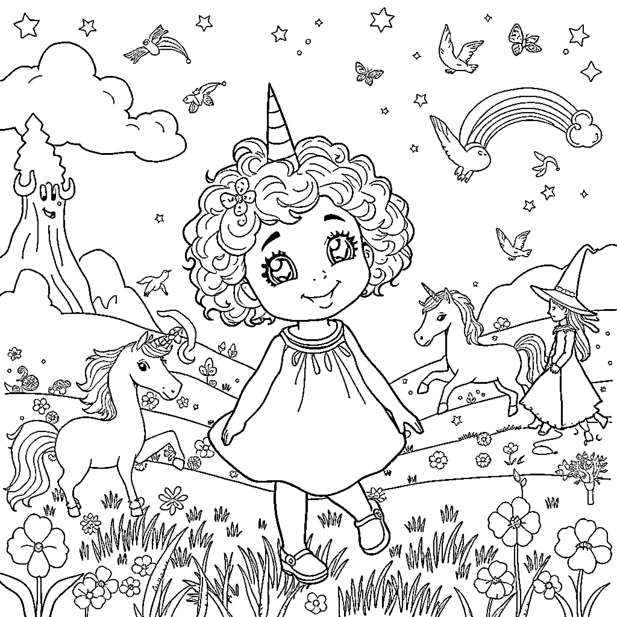 Girl in a Magical Wonderland with Unicorns and Fairies Coloring Page (free black-and-white line drawing printable PDF for all, from beginners to advanced learners, including children, teens, adults, and seniors)
