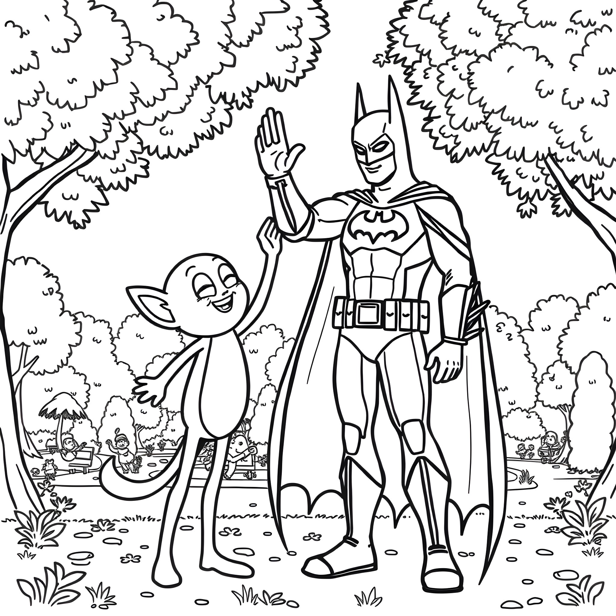 Batman and Alien Friend Explore the Forest Coloring Page (free black-and-white line drawing printable PDF for all, from beginners to advanced learners, including children, teens, adults, and seniors)