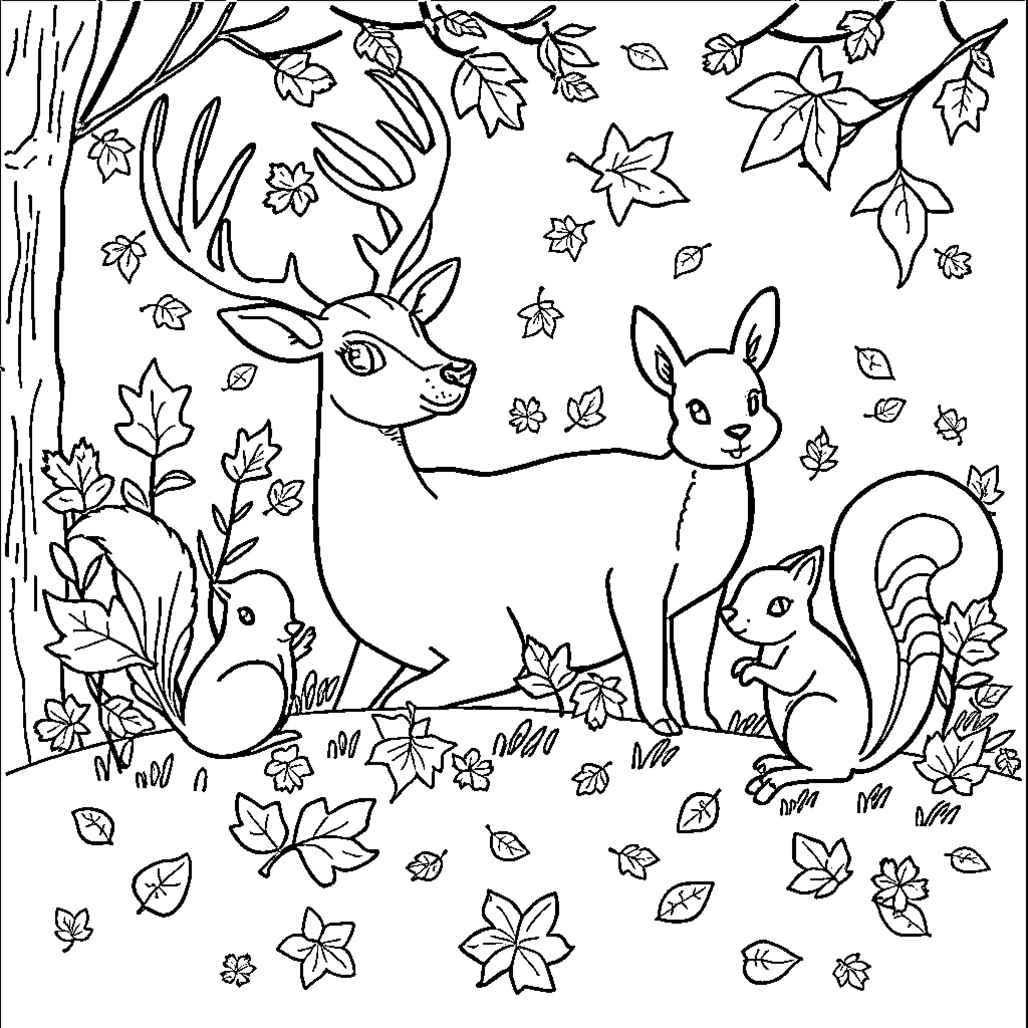 Animal Fall Forest Scene with Deer and Squirrel Coloring Page (free black-and-white line drawing printable PDF for all, from beginners to advanced learners, including children, teens, adults, and seniors)