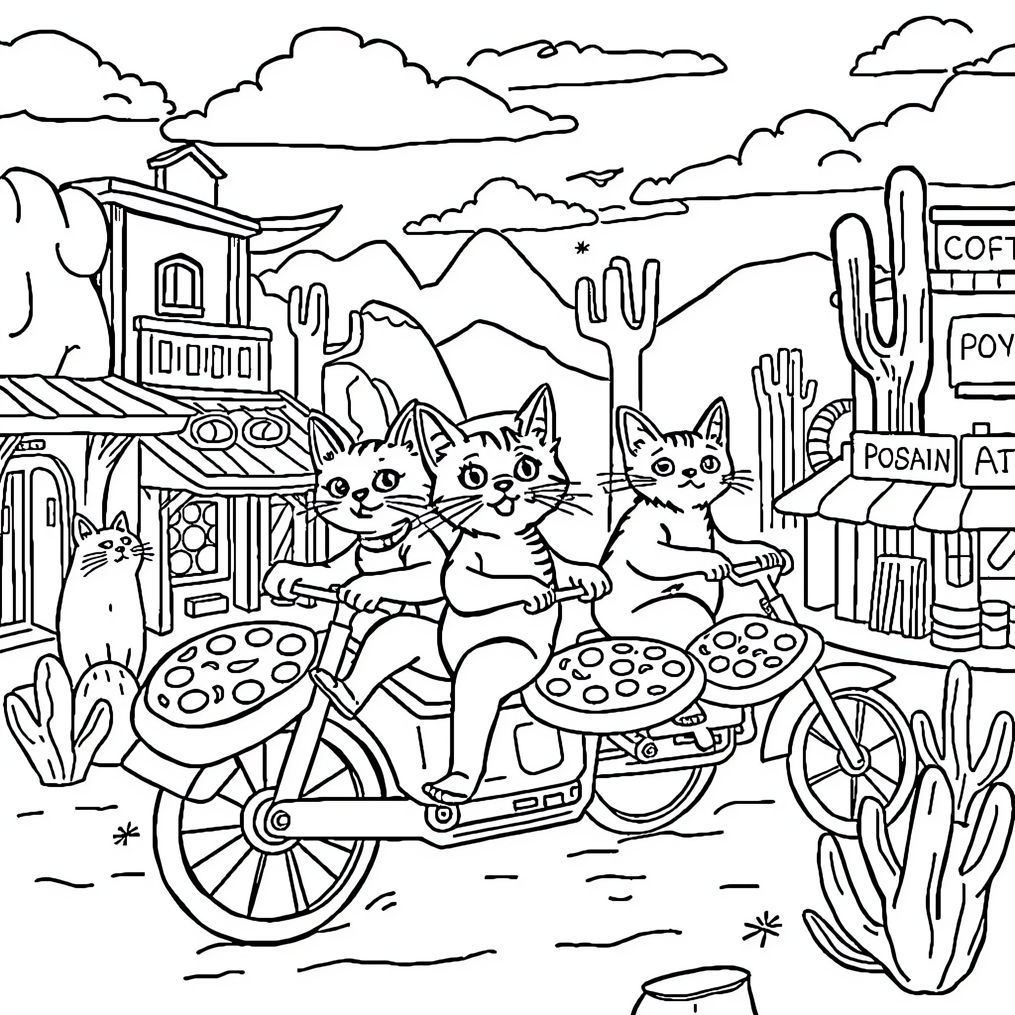 Cat Riding Bicycle in the Wild West Coloring Page (free black-and-white line drawing printable PDF for all, from beginners to advanced learners, including children, teens, adults, and seniors)