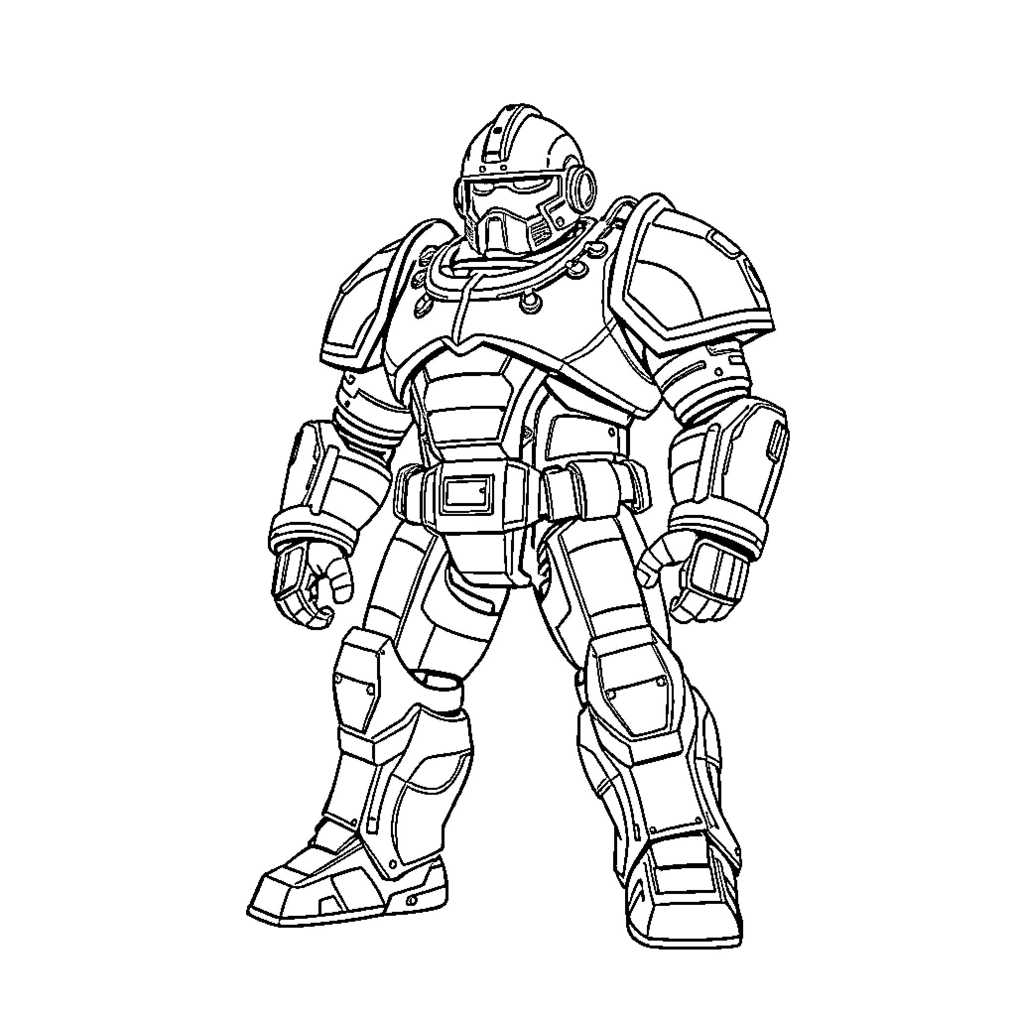 Power Armor in Heroic Stance Coloring Page (free black-and-white line drawing printable PDF for all, from beginners to advanced learners, including children, teens, adults, and seniors)