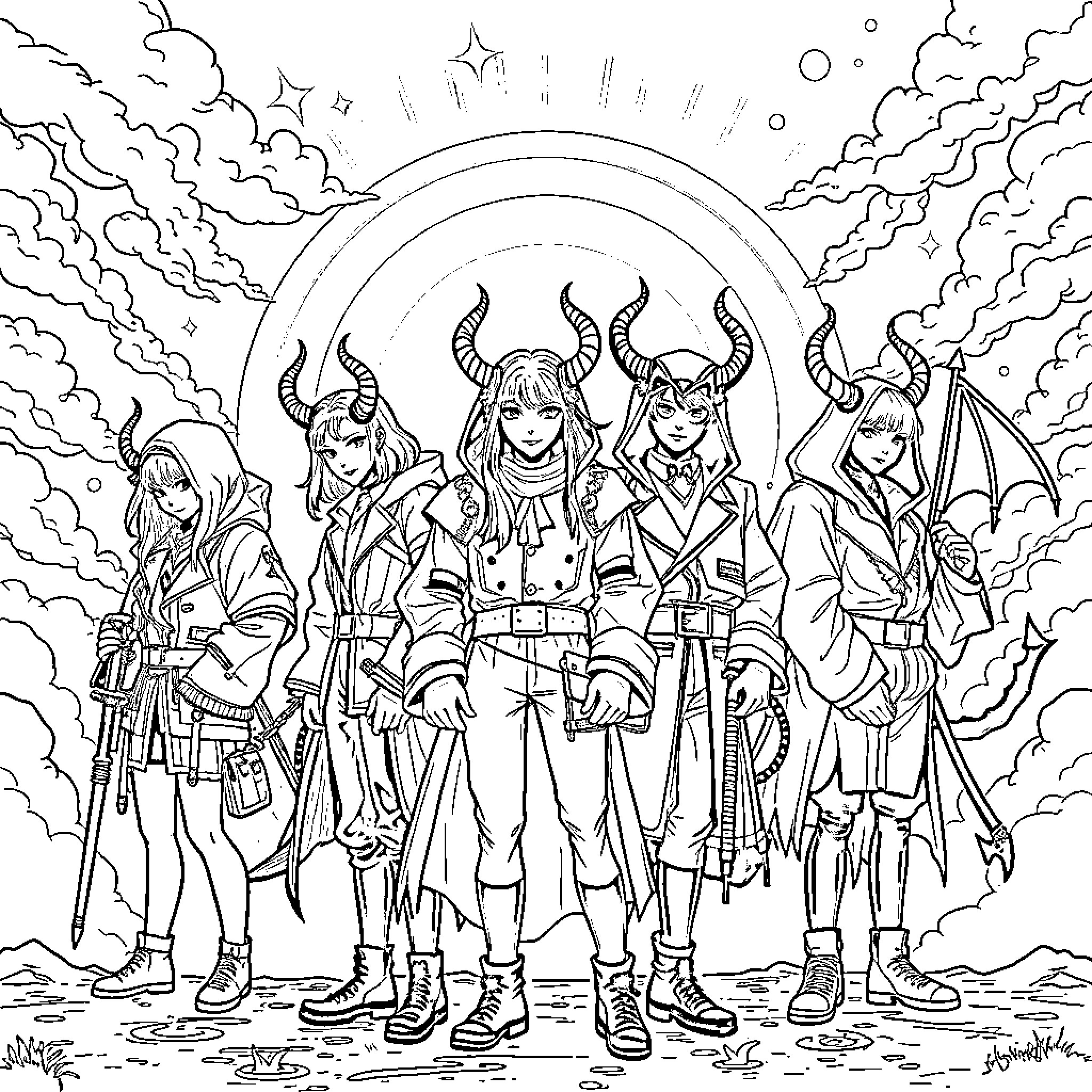 Demon Hunters in a Fantastical Realm Coloring Page (free black-and-white line drawing printable PDF for all, from beginners to advanced learners, including children, teens, adults, and seniors)