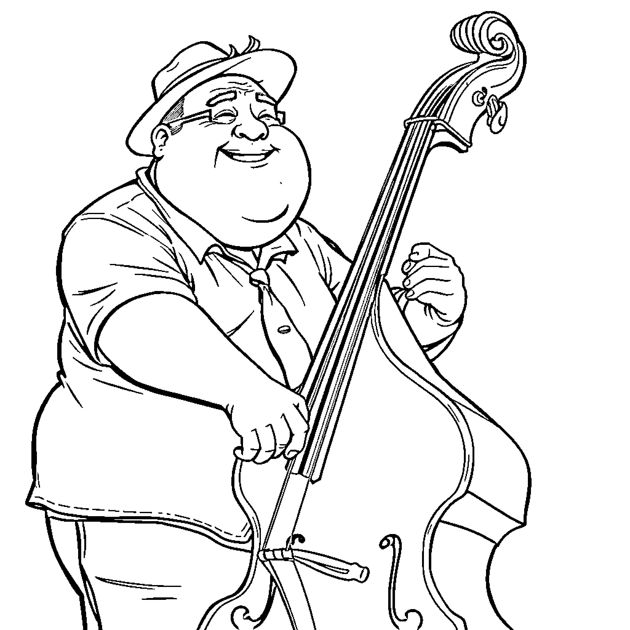 Guy playing joyfully on cello in formal outfit Coloring Page (free black-and-white line drawing printable PDF for all, from beginners to advanced learners, including children, teens, adults, and seniors)