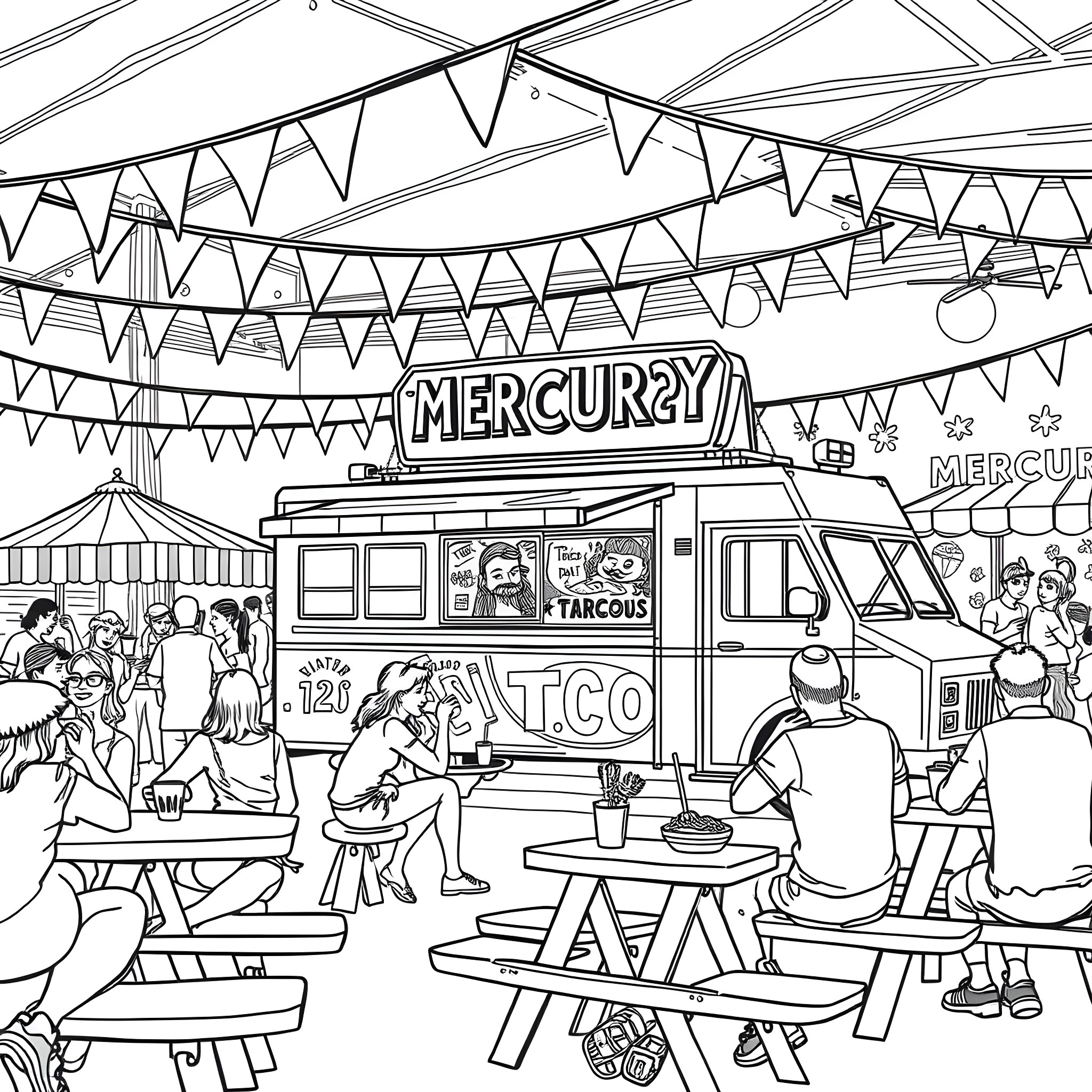 Taco Truck festival with crowd, decorations, and workers Coloring Page (free black-and-white line drawing printable PDF for all, from beginners to advanced learners, including children, teens, adults, and seniors)