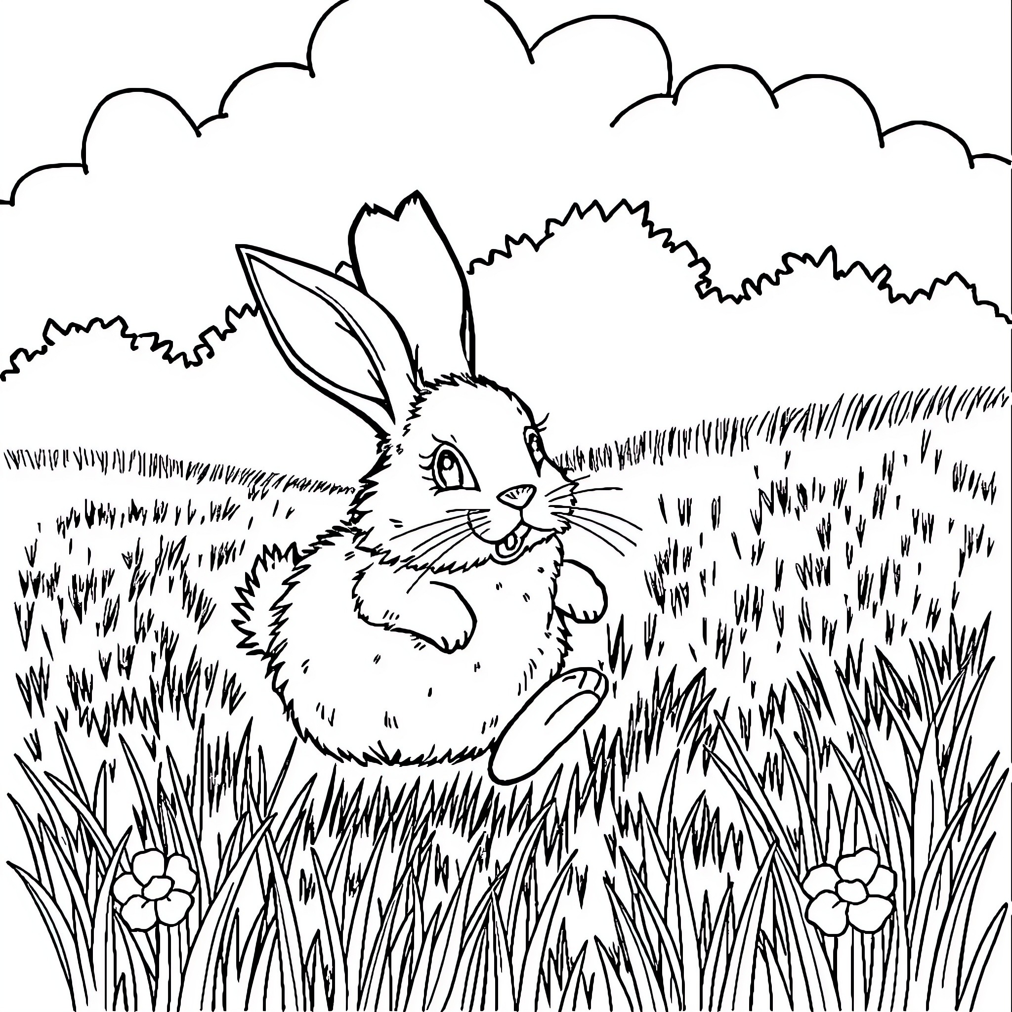 Rabbit relaxing in the grassy meadow Coloring Page (free black-and-white line drawing printable PDF for all, from beginners to advanced learners, including children, teens, adults, and seniors)