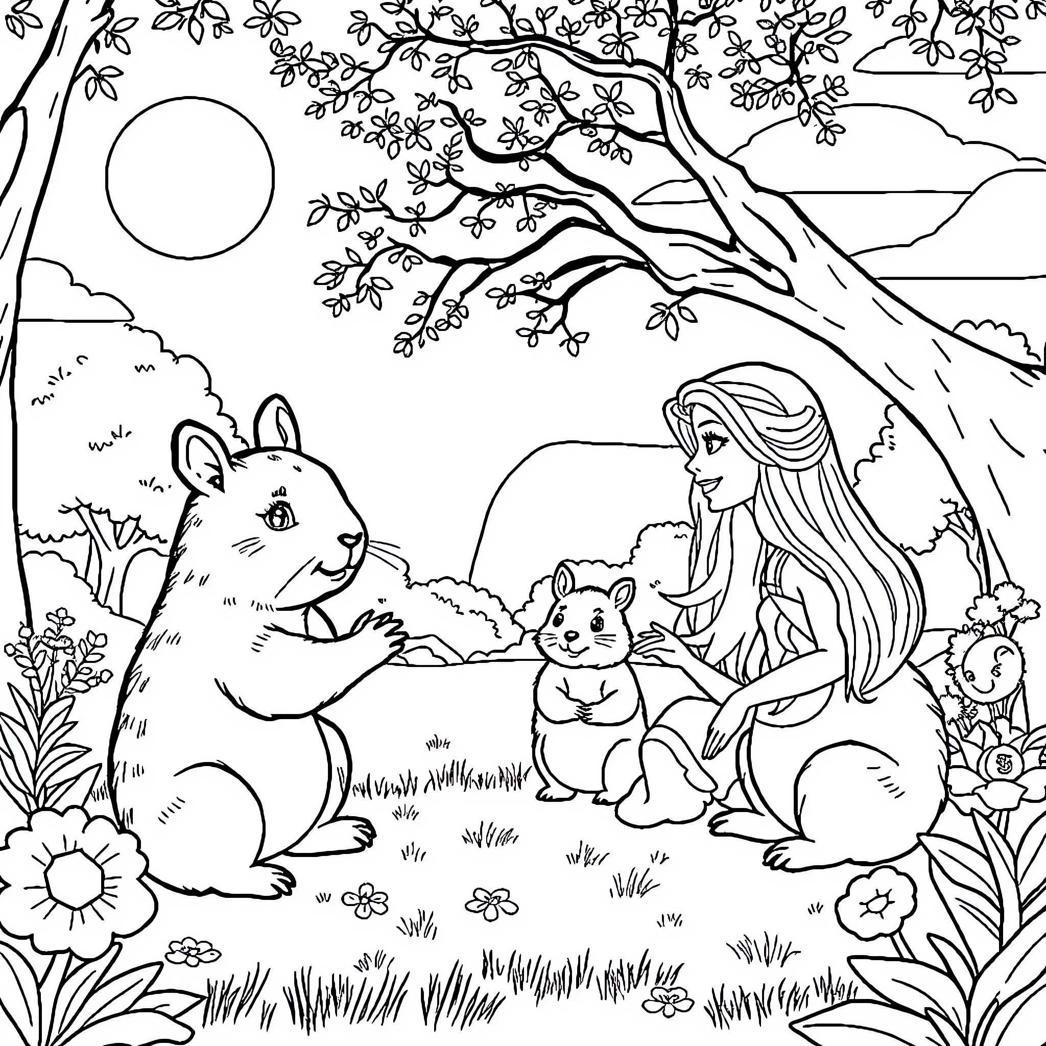 Barbie playing with cute animals in nature Coloring Page (free black-and-white line drawing printable PDF for all, from beginners to advanced learners, including children, teens, adults, and seniors)