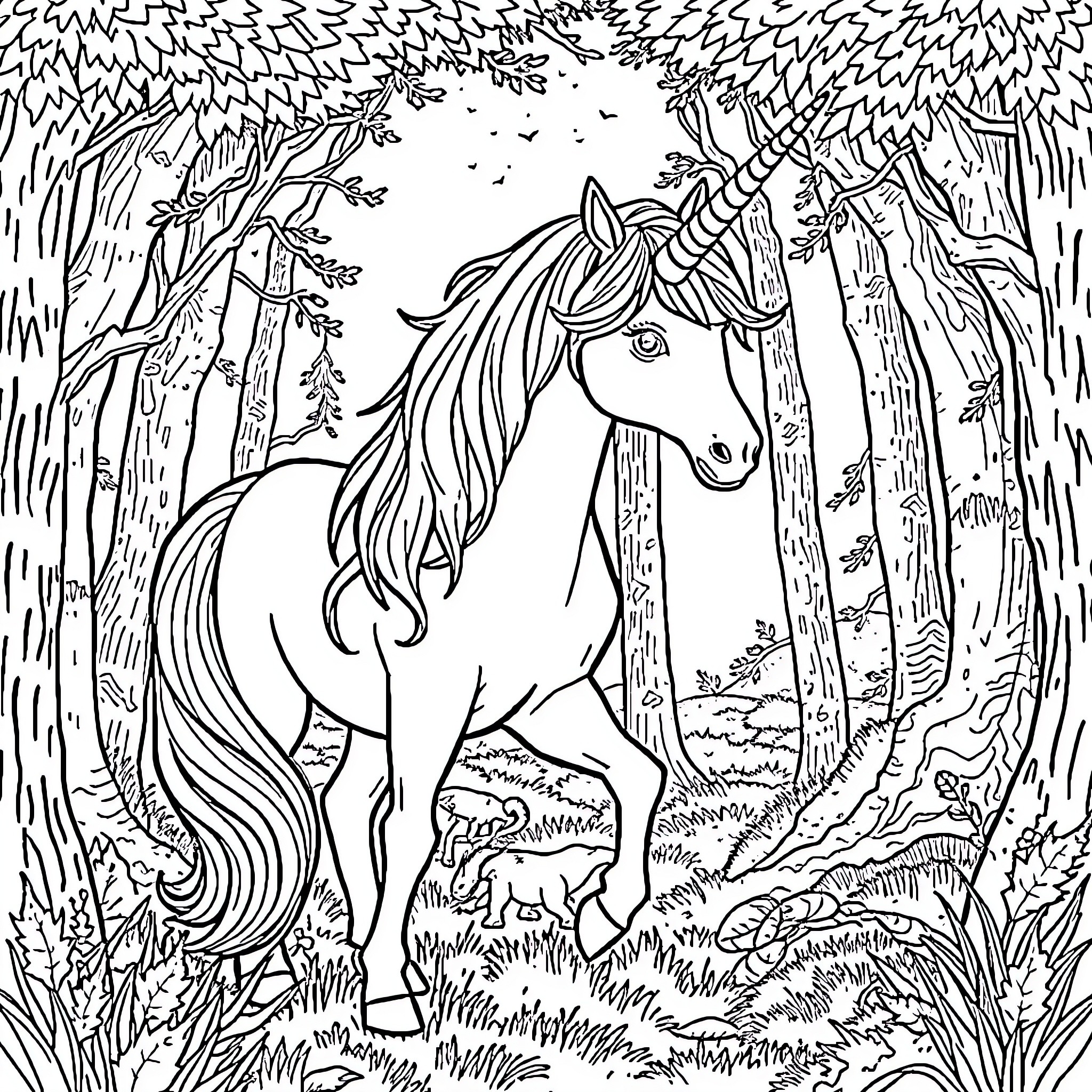 Unicorn in a magical forest Coloring Page (free black-and-white line drawing printable PDF for all, from beginners to advanced learners, including children, teens, adults, and seniors)