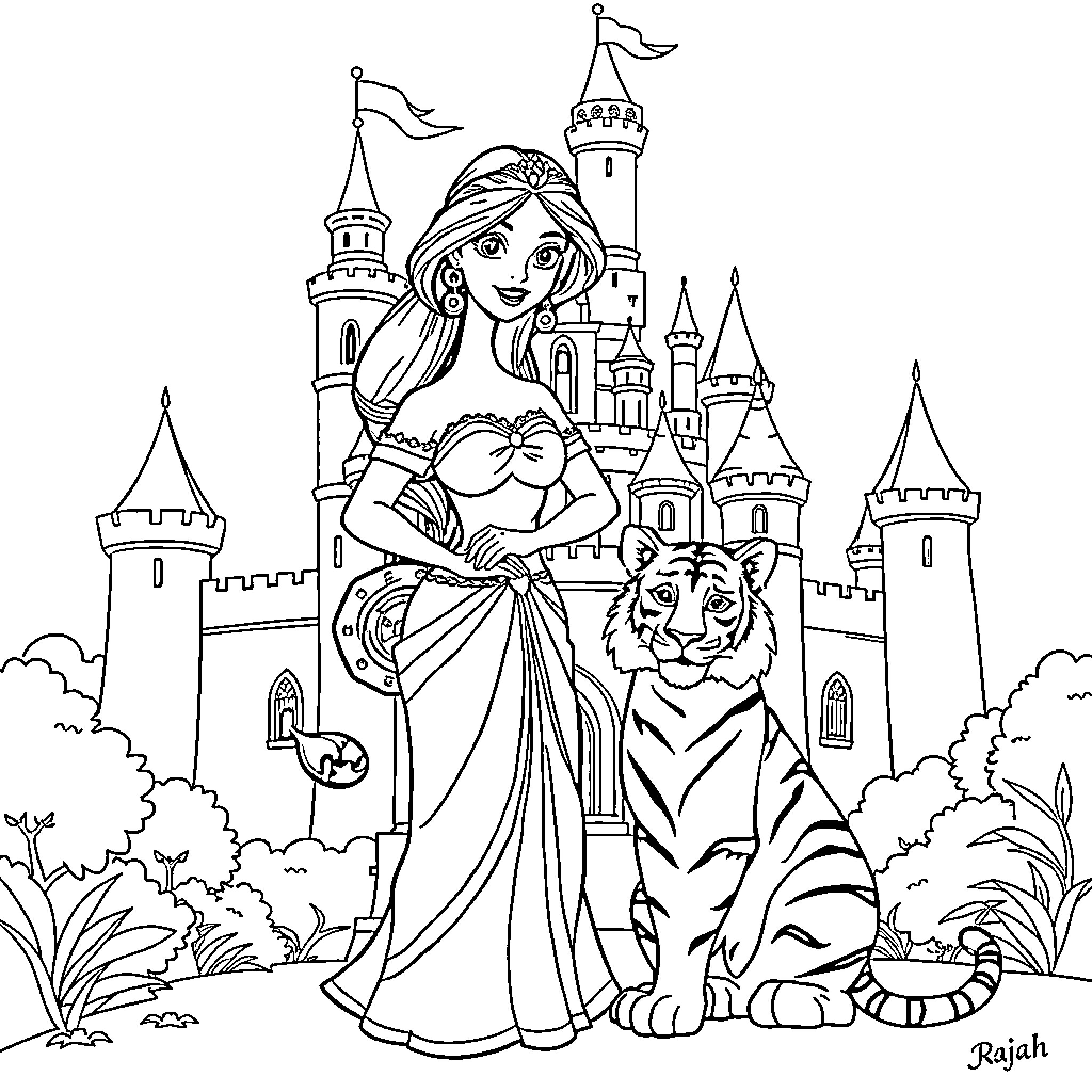 Princess Jasmine posing with tiger in enchanting castle Coloring Page (free black-and-white line drawing printable PDF for all, from beginners to advanced learners, including children, teens, adults, and seniors)