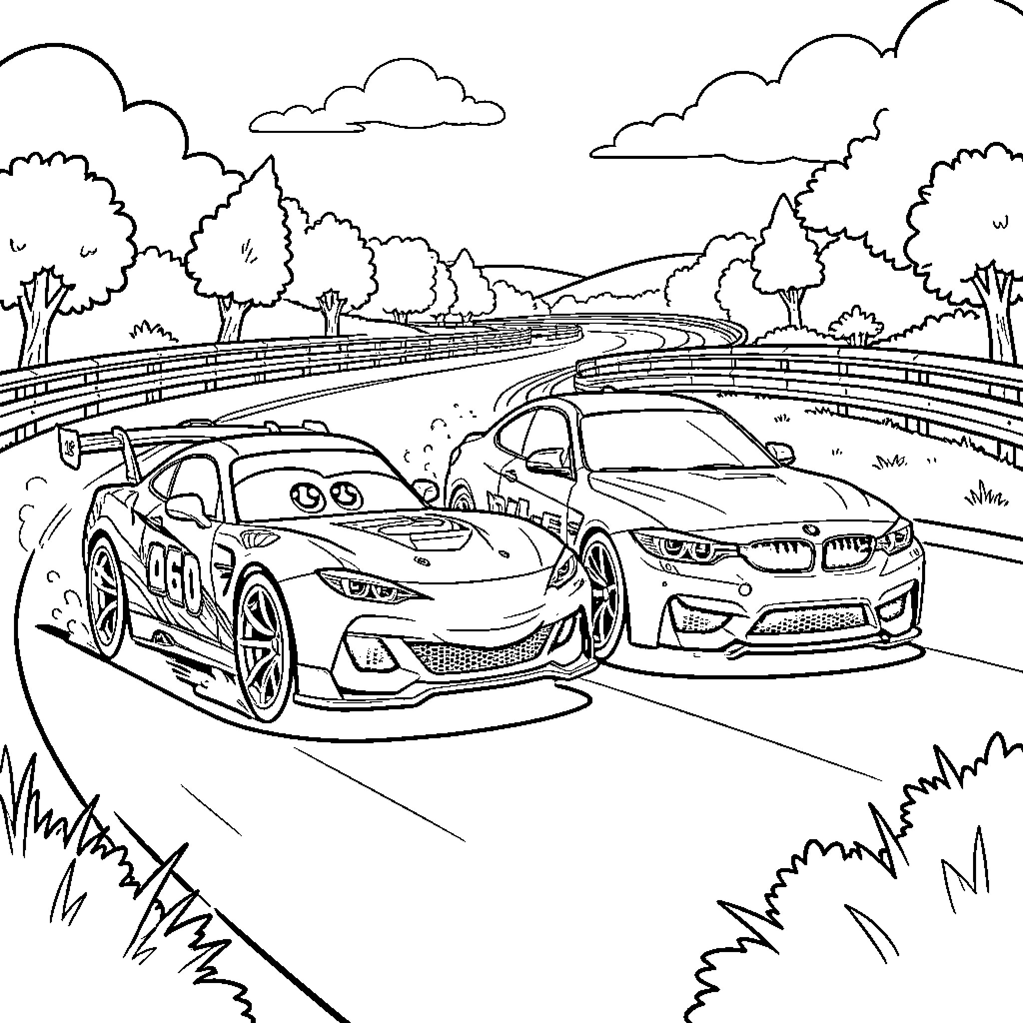 Flash McQueen racing intensely on a winding track Coloring Page (free black-and-white line drawing printable PDF for all, from beginners to advanced learners, including children, teens, adults, and seniors)