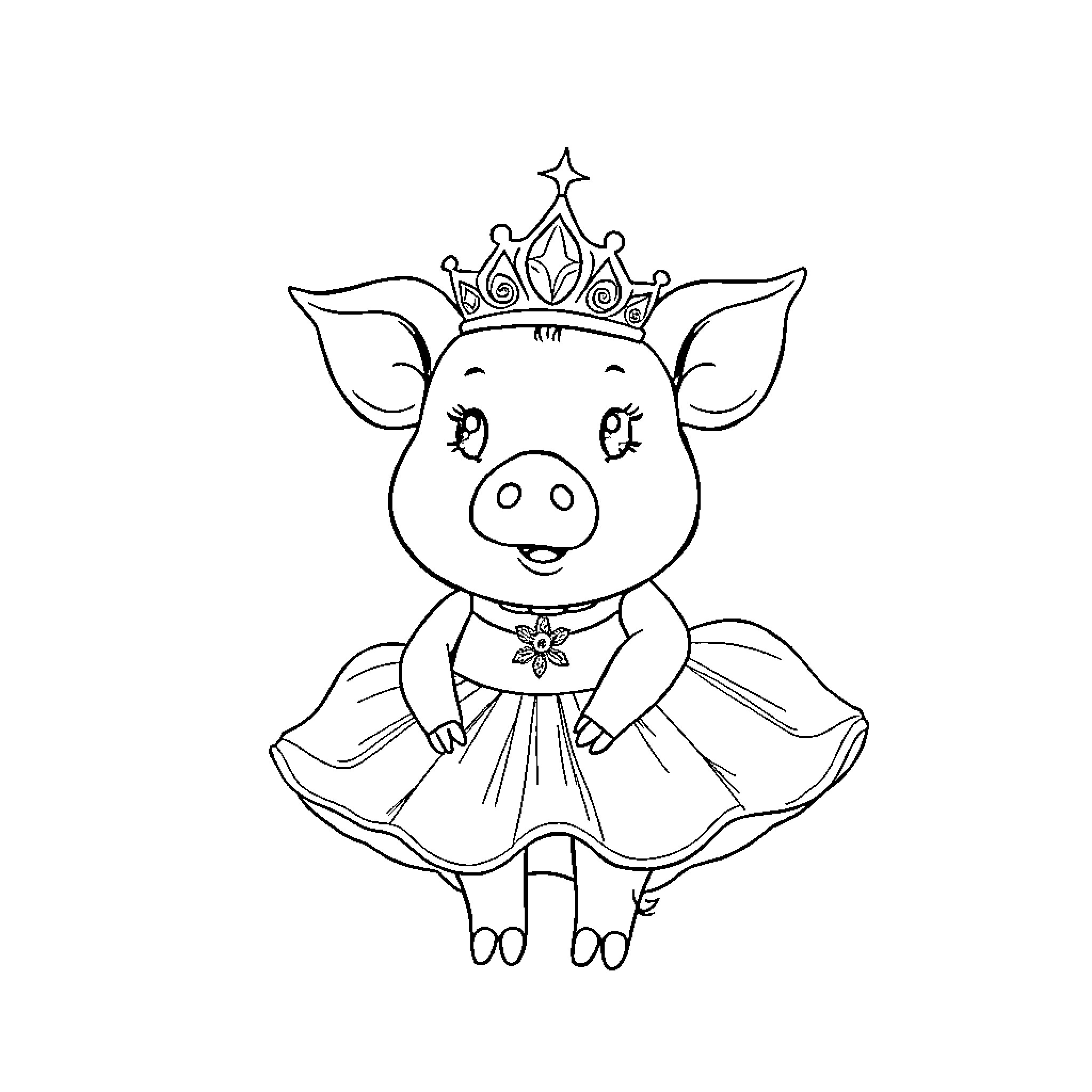 Pig wearing crown and dress posing happily Coloring Page (free black-and-white line drawing printable PDF for all, from beginners to advanced learners, including children, teens, adults, and seniors)