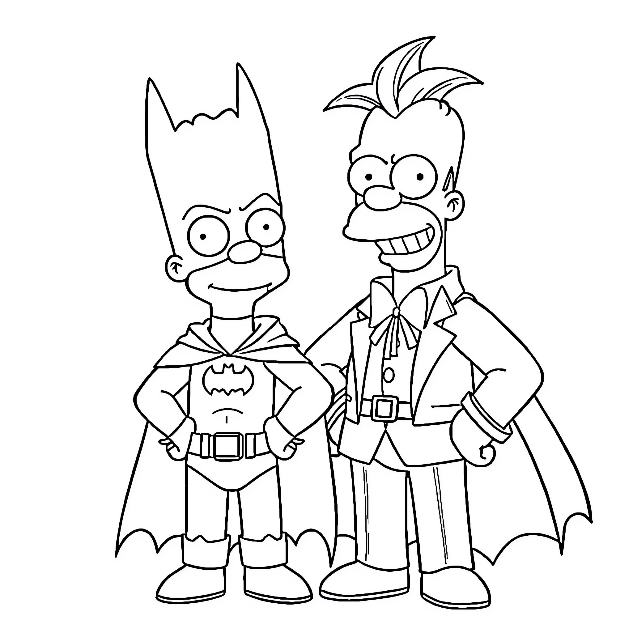 Bart Simpson and his friend in Batman costumes Coloring Page (free black-and-white line drawing printable PDF for all, from beginners to advanced learners, including children, teens, adults, and seniors)