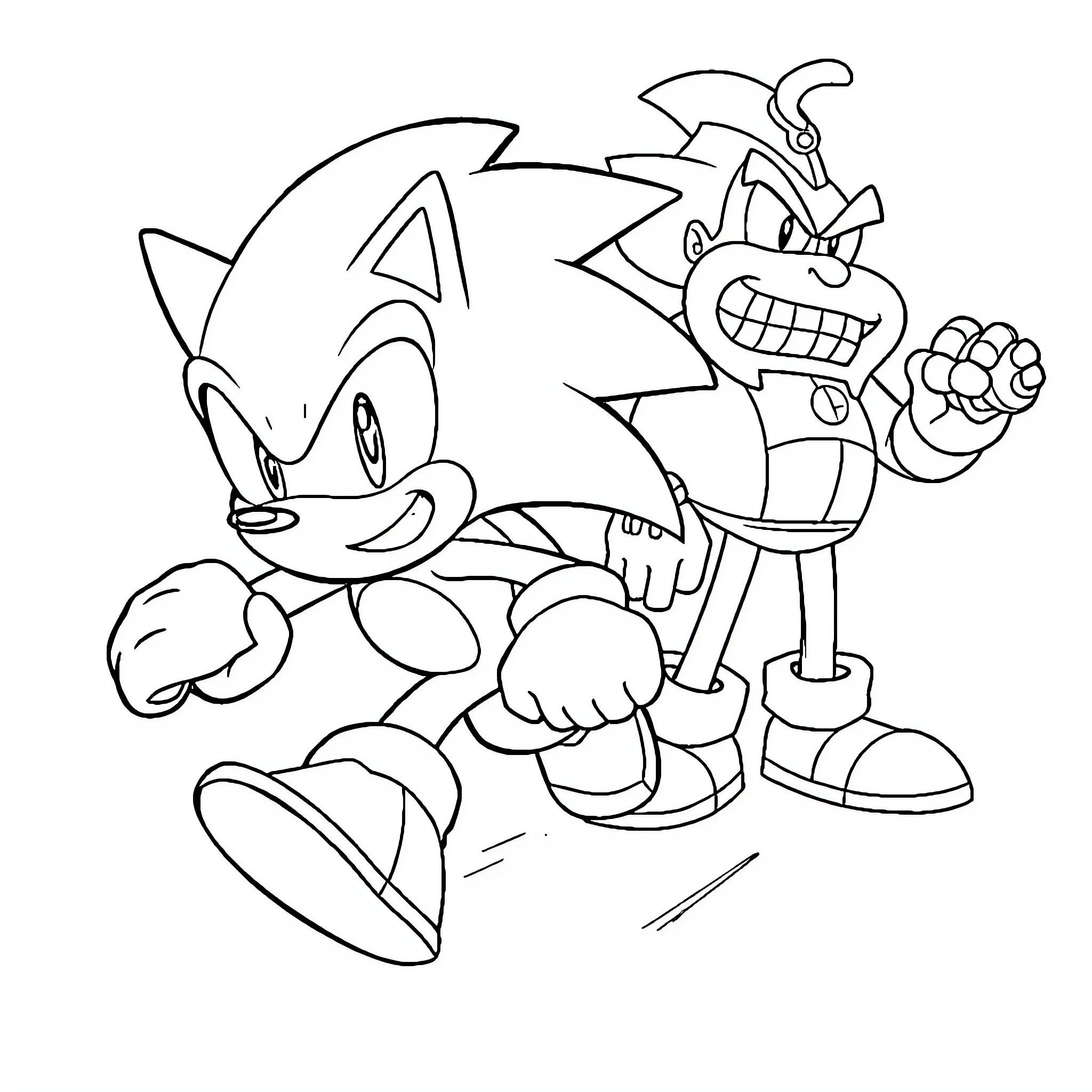 Sonic Battles Antagonistic Robot in Animated Scene Coloring Page (free black-and-white line drawing printable PDF for all, from beginners to advanced learners, including children, teens, adults, and seniors)