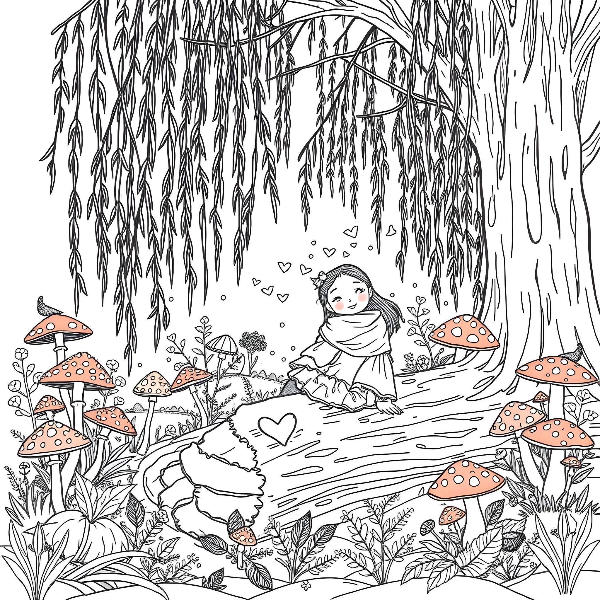 Girl playing in magical forest with mushrooms Coloring Page (free black-and-white line drawing printable PDF for all, from beginners to advanced learners, including children, teens, adults, and seniors)