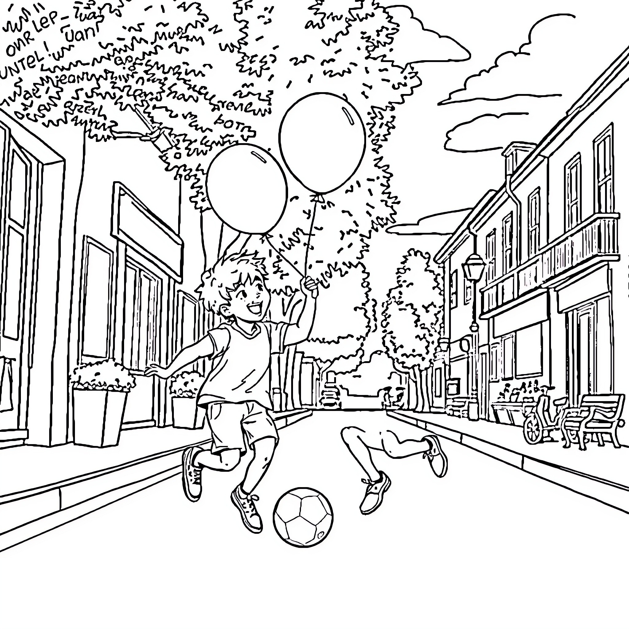 Boy playing joyfully with soccer ball on city street Coloring Page (free black-and-white line drawing printable PDF for all, from beginners to advanced learners, including children, teens, adults, and seniors)