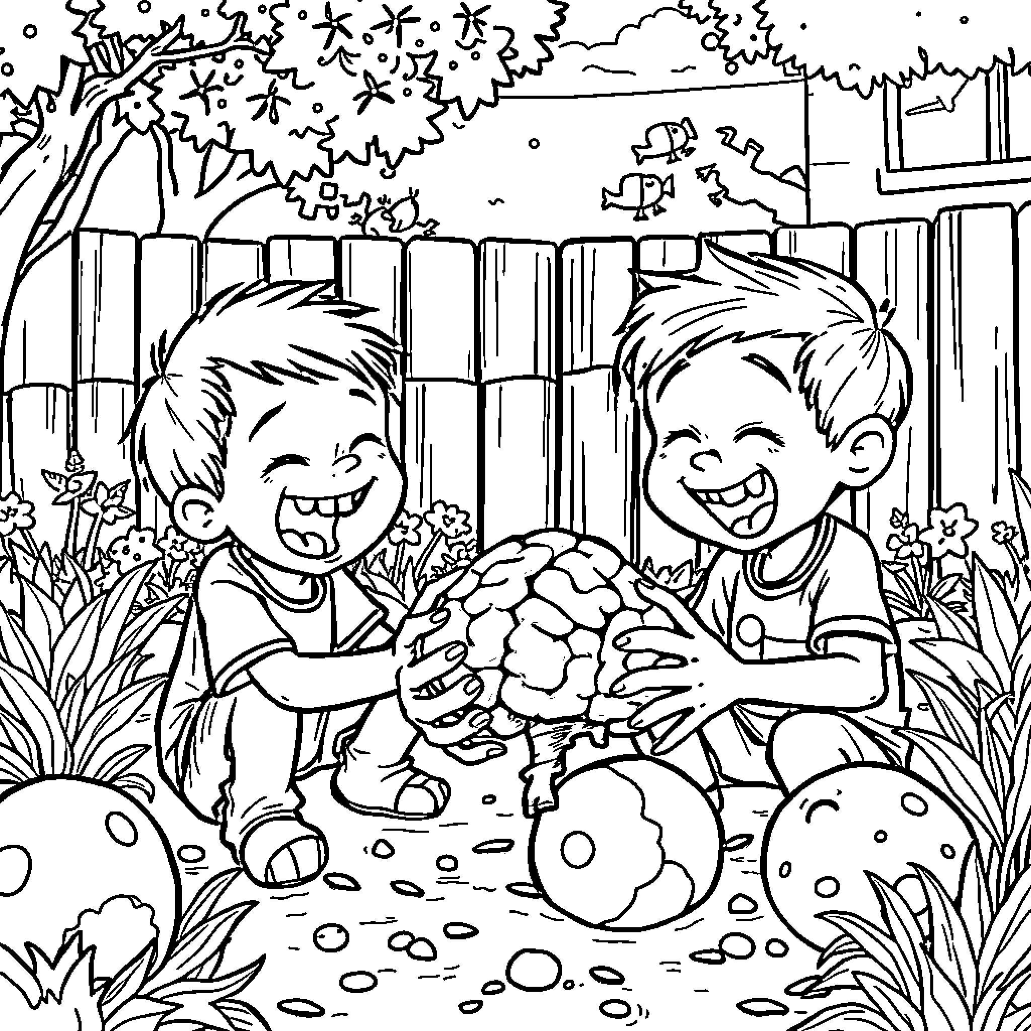 Kids Building a Snowman in the Yard Coloring Page (free black-and-white line drawing printable PDF for all, from beginners to advanced learners, including children, teens, adults, and seniors)