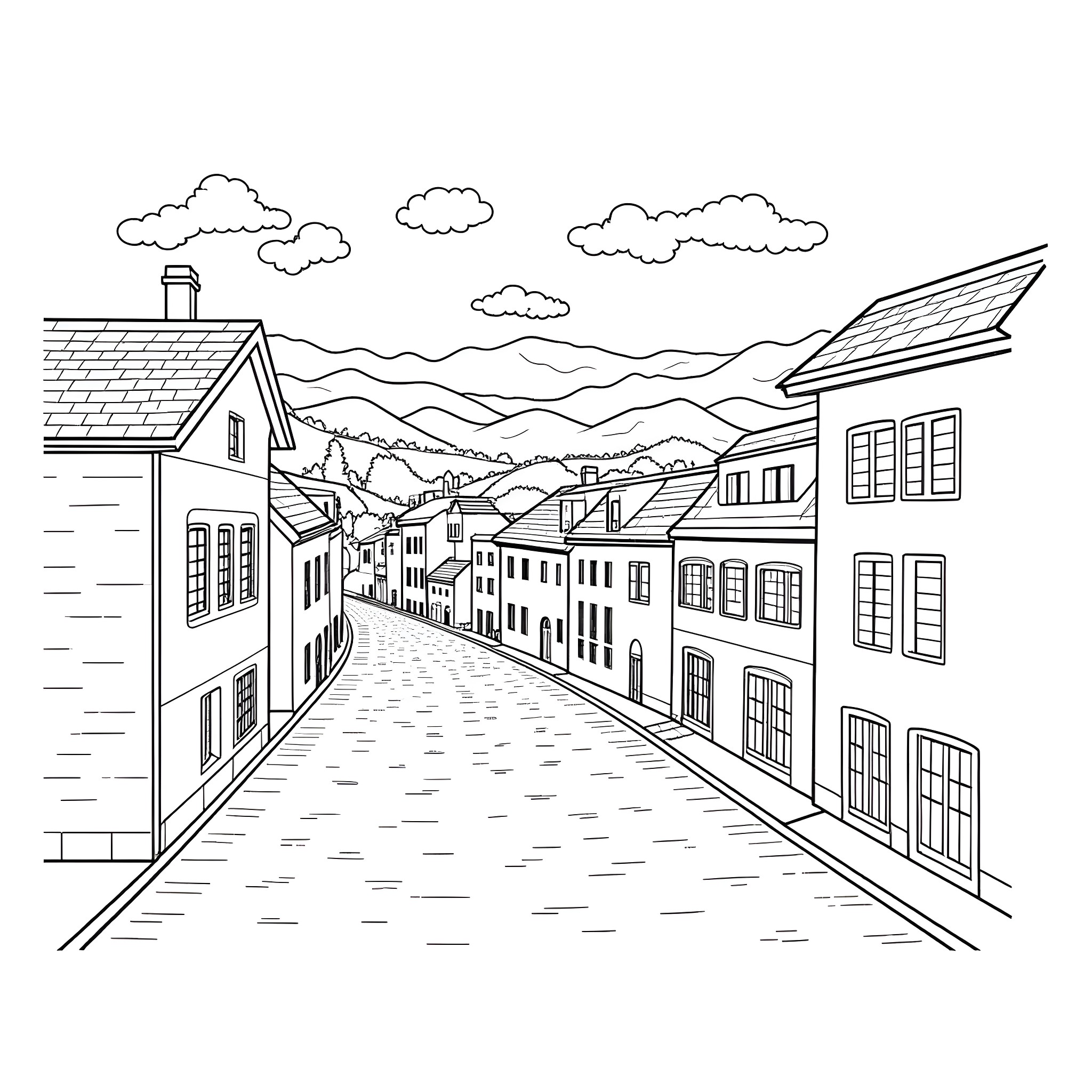 Italy street view with old buildings and mountains Coloring Page (free black-and-white line drawing printable PDF for all, from beginners to advanced learners, including children, teens, adults, and seniors)