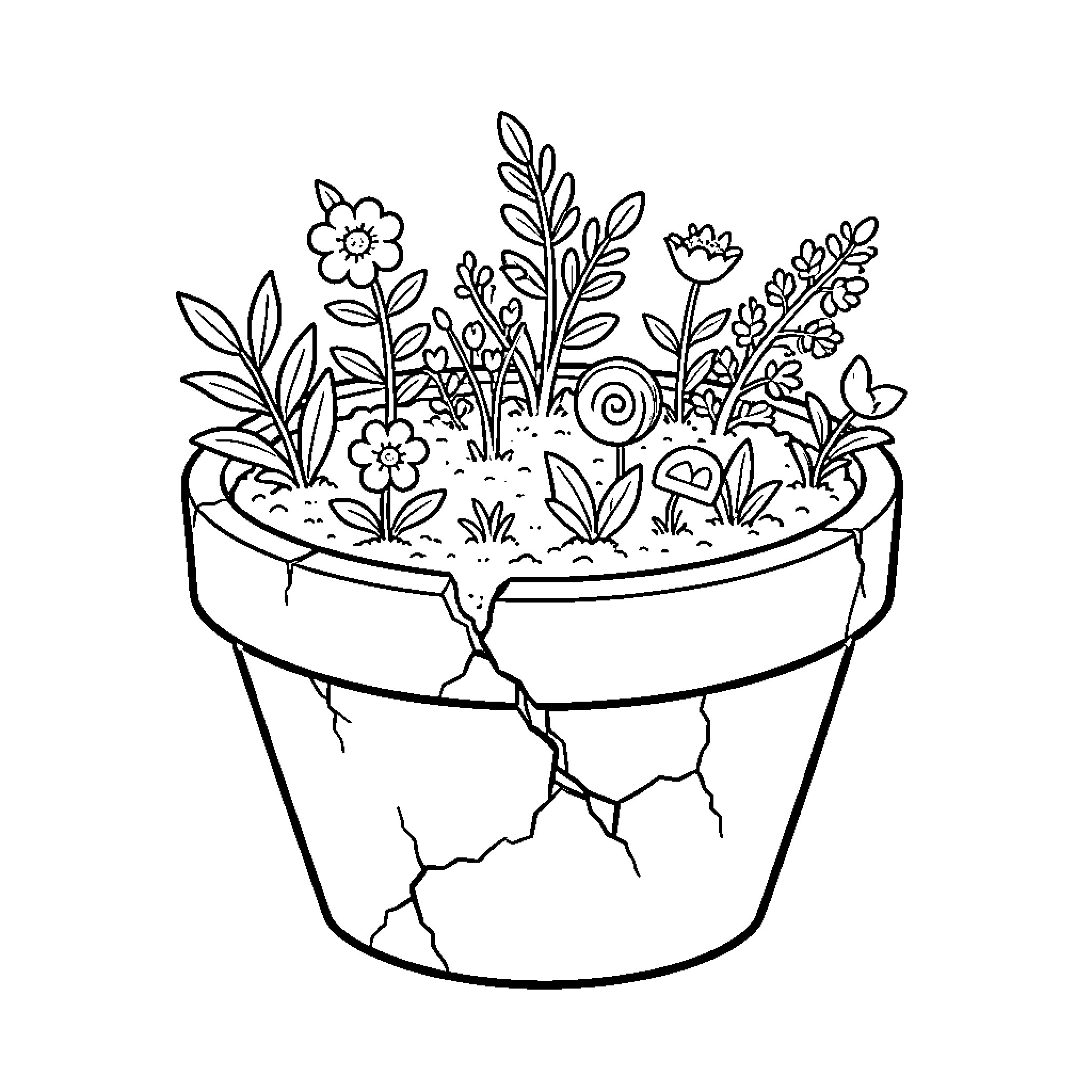 Garden of Vibrant Blooms in Cracked Pot Coloring Page (free black-and-white line drawing printable PDF for all, from beginners to advanced learners, including children, teens, adults, and seniors)