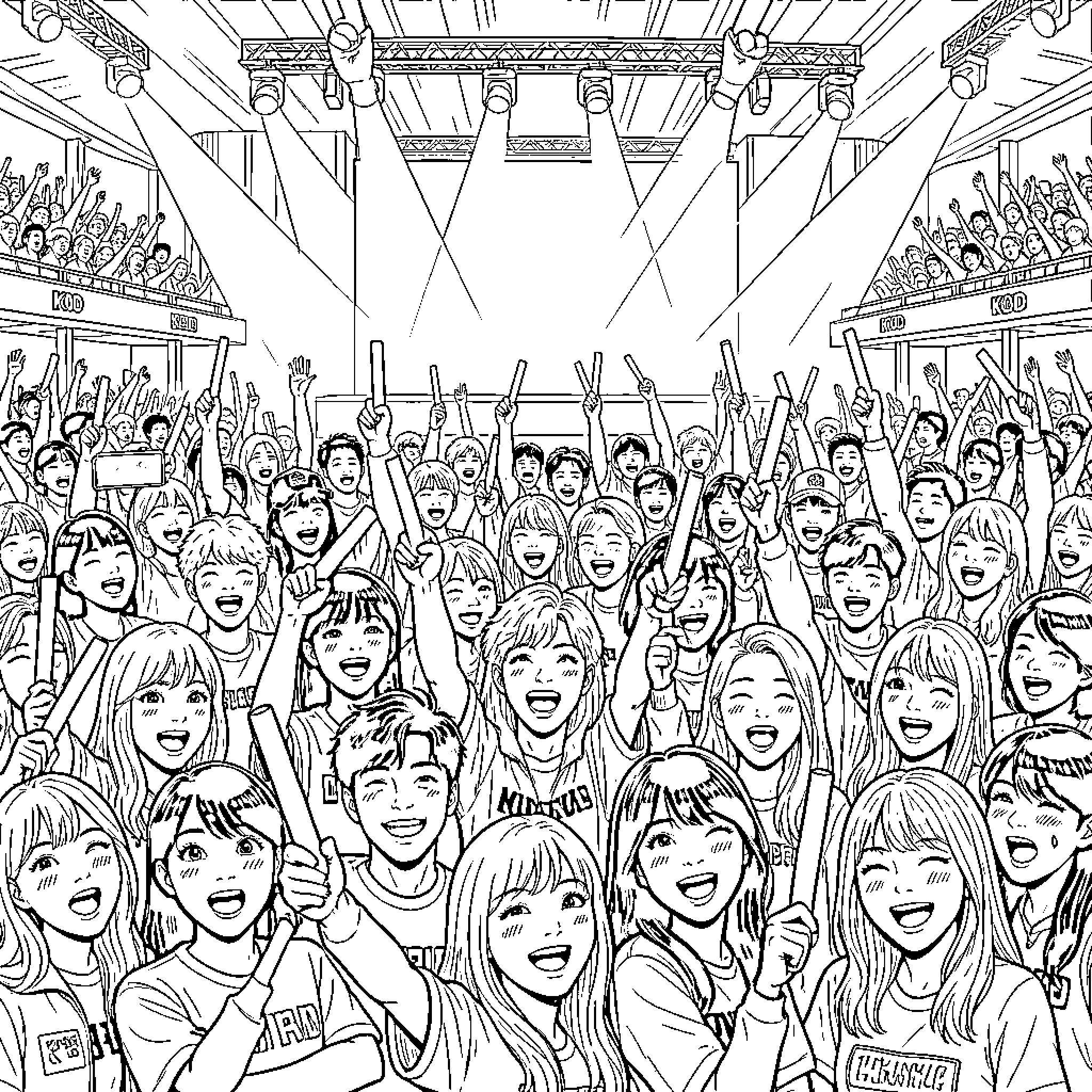 K Pop fans cheering excitedly at a concert Coloring Page (free black-and-white line drawing printable PDF for all, from beginners to advanced learners, including children, teens, adults, and seniors)