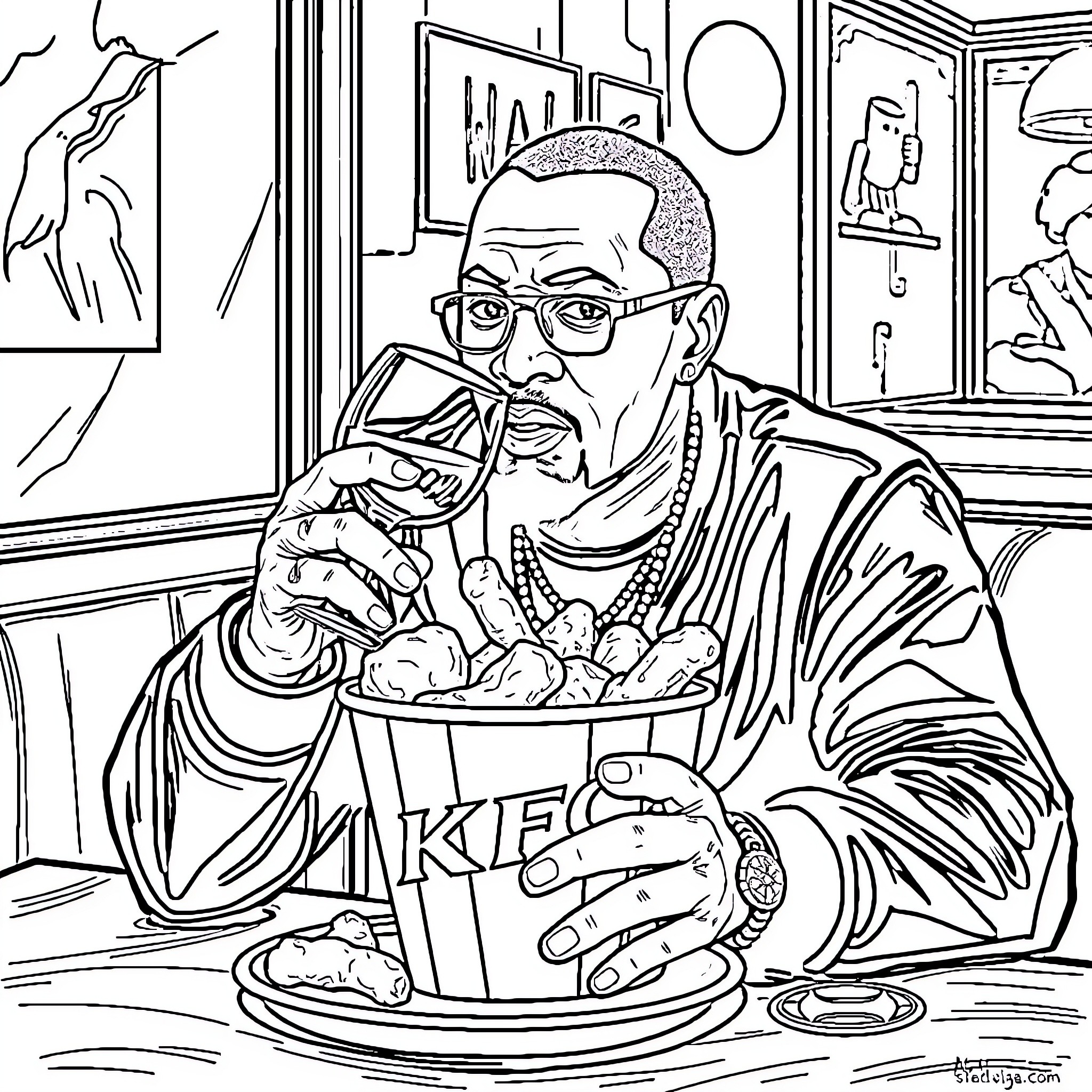 P Diddy enjoys a snack in a cafe Coloring Page (free black-and-white line drawing printable PDF for all, from beginners to advanced learners, including children, teens, adults, and seniors)