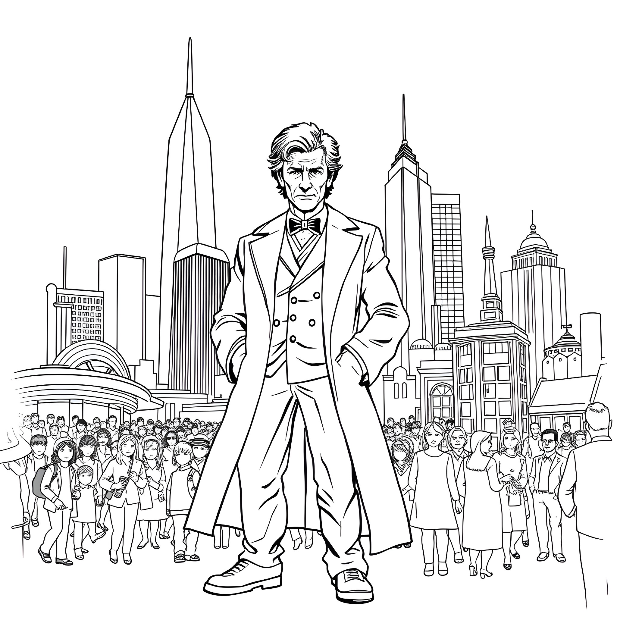 Doctor Who in a bustling city with towering skyscrapers Coloring Page (free black-and-white line drawing printable PDF for all, from beginners to advanced learners, including children, teens, adults, and seniors)