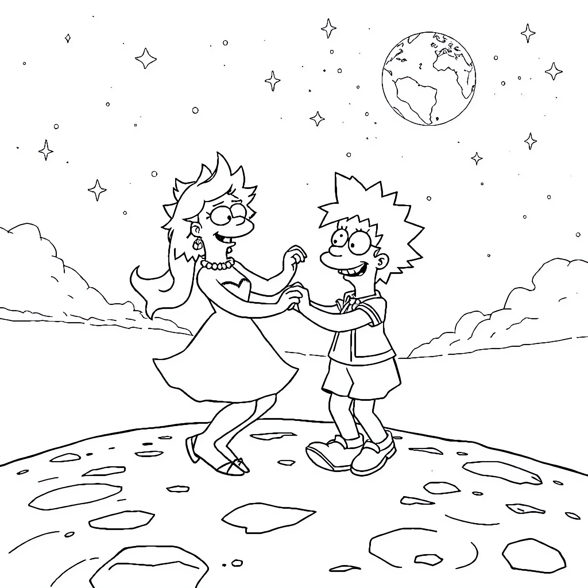 Sora and Sora Dancing Under the Stars Coloring Page (free black-and-white line drawing printable PDF for all, from beginners to advanced learners, including children, teens, adults, and seniors)