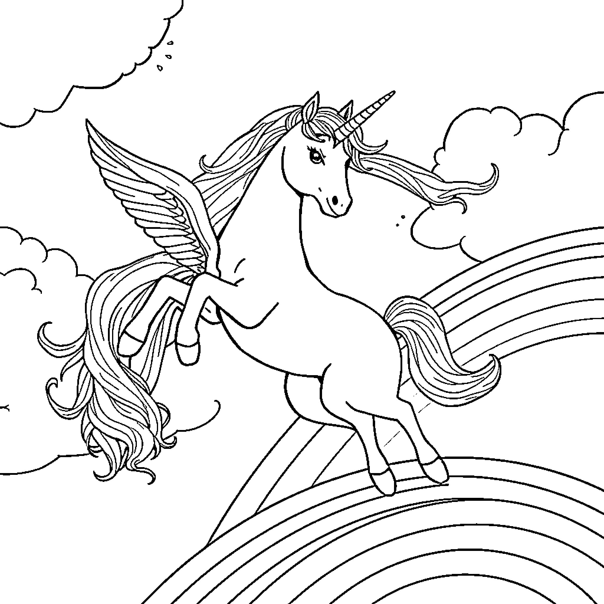 Unicorn soaring over rainbow in the sky Coloring Page (free black-and-white line drawing printable PDF for all, from beginners to advanced learners, including children, teens, adults, and seniors)