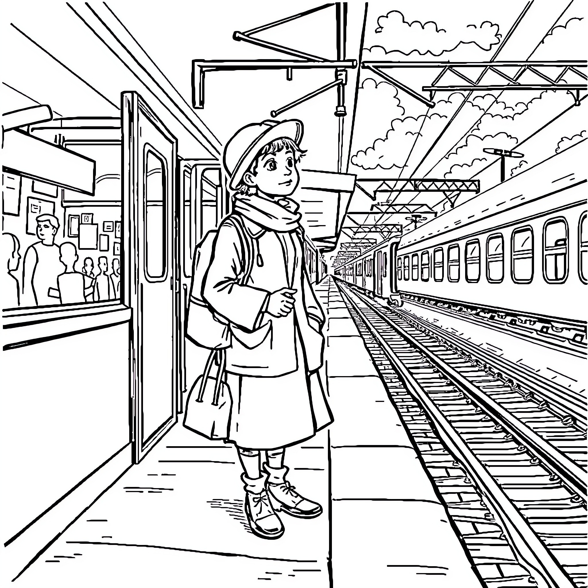Evacuee waiting at train station during crisis Coloring Page (free black-and-white line drawing printable PDF for all, from beginners to advanced learners, including children, teens, adults, and seniors)