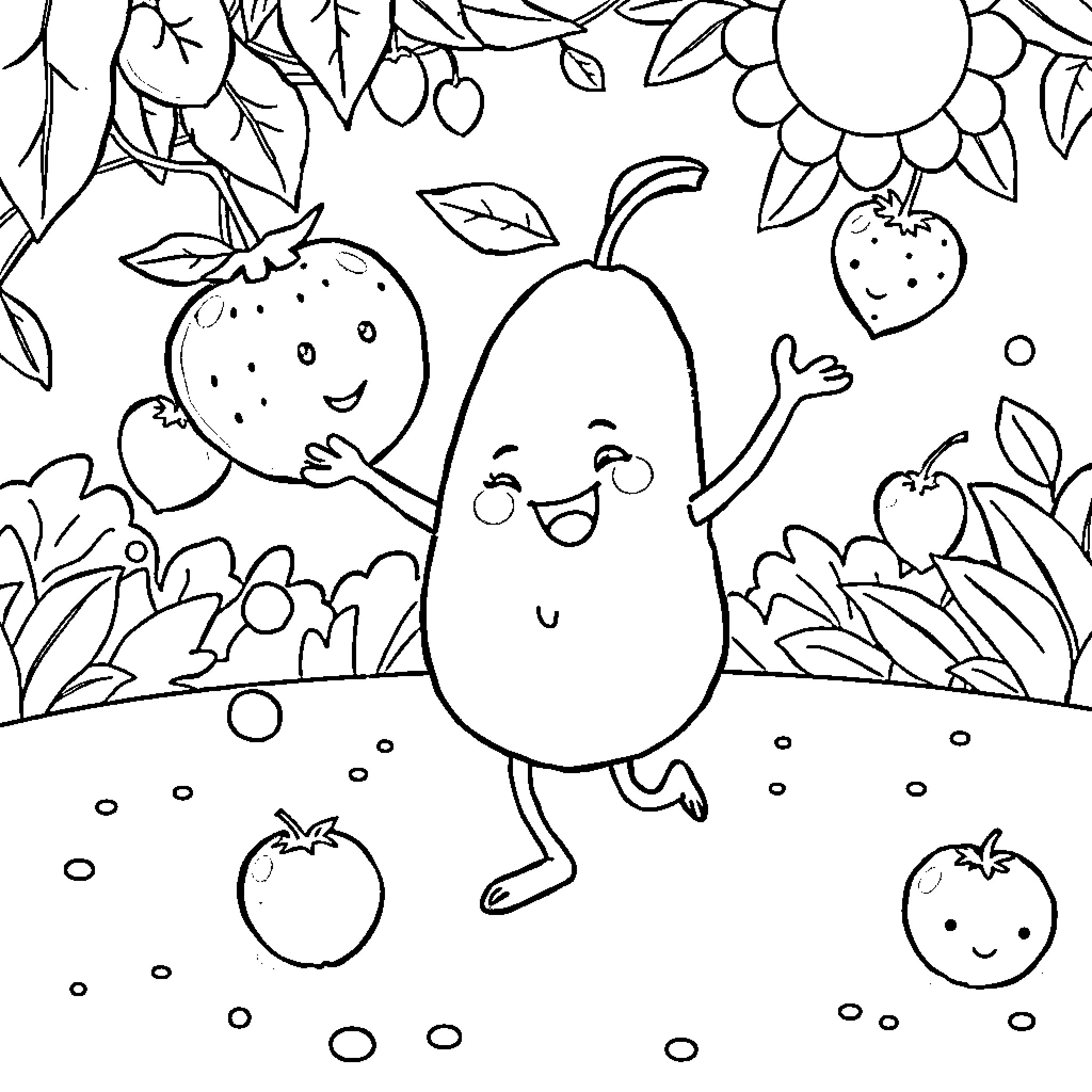 Fruit characters in a whimsical garden setting Coloring Page (free black-and-white line drawing printable PDF for all, from beginners to advanced learners, including children, teens, adults, and seniors)