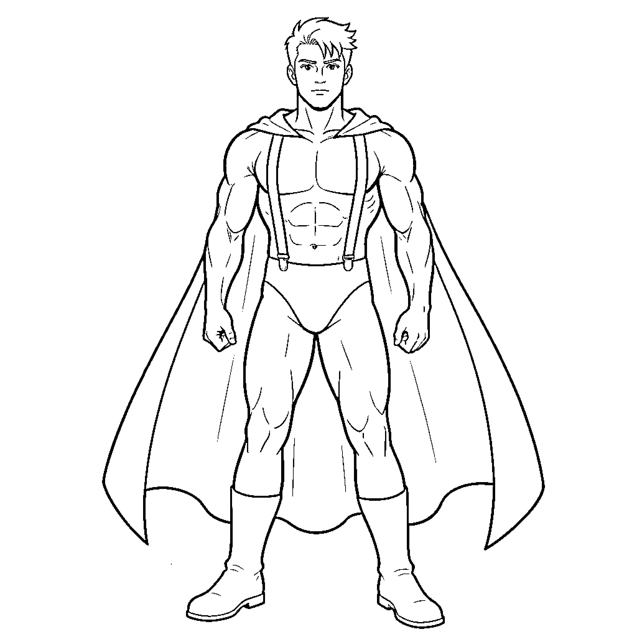 Vaughn Harris standing heroically in a superhero costume Coloring Page (free black-and-white line drawing printable PDF for all, from beginners to advanced learners, including children, teens, adults, and seniors)