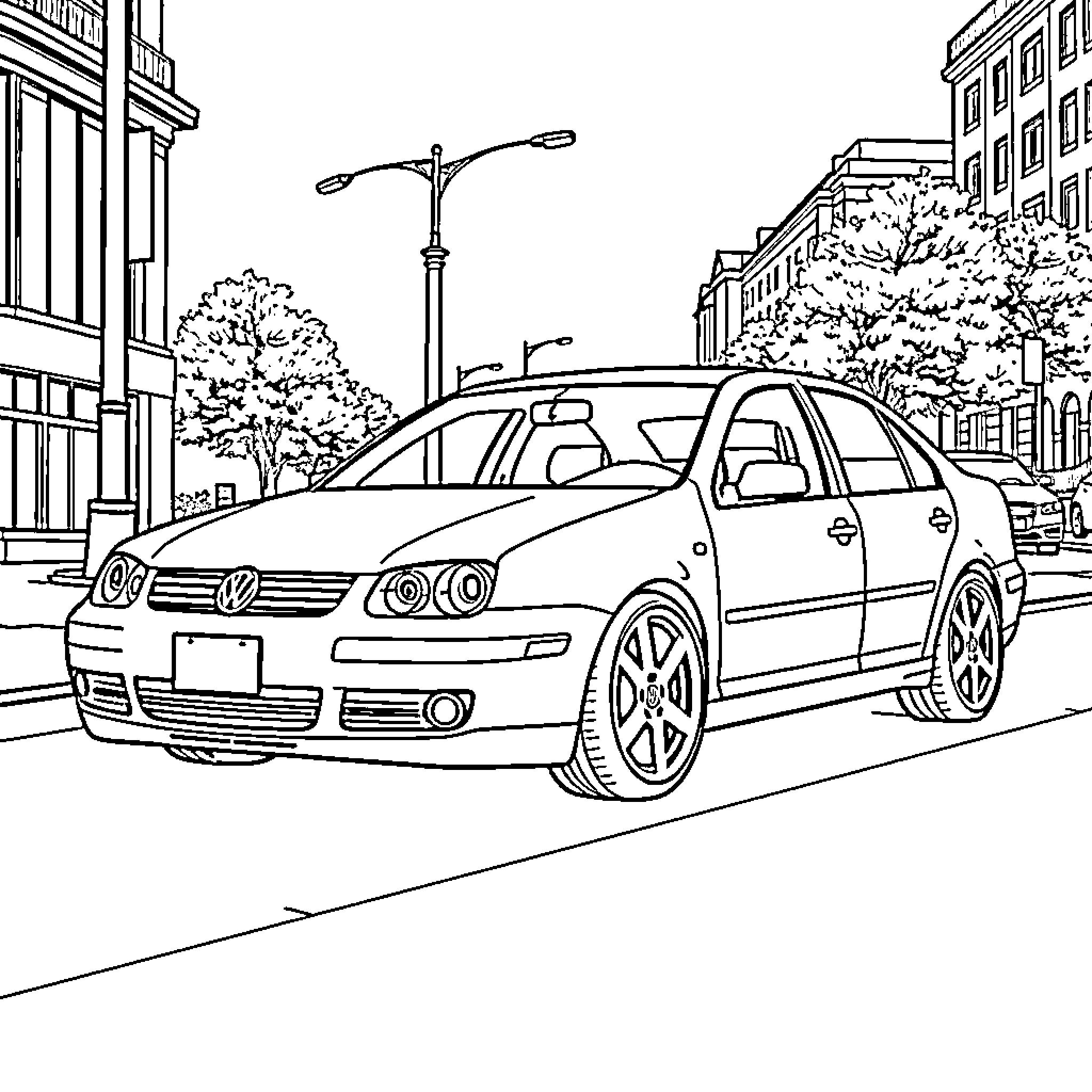 VW Jetta on the city street Coloring Page (free black-and-white line drawing printable PDF for all, from beginners to advanced learners, including children, teens, adults, and seniors)