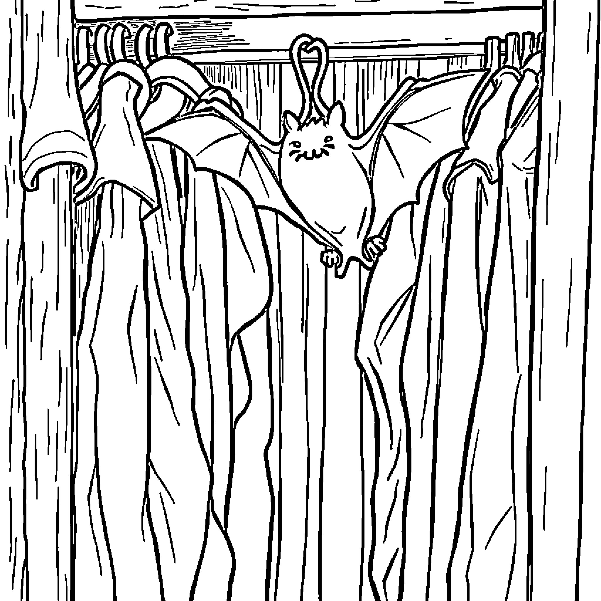 Bat Hanging Upside Down in Spooky Cave Coloring Page (free black-and-white line drawing printable PDF for all, from beginners to advanced learners, including children, teens, adults, and seniors)