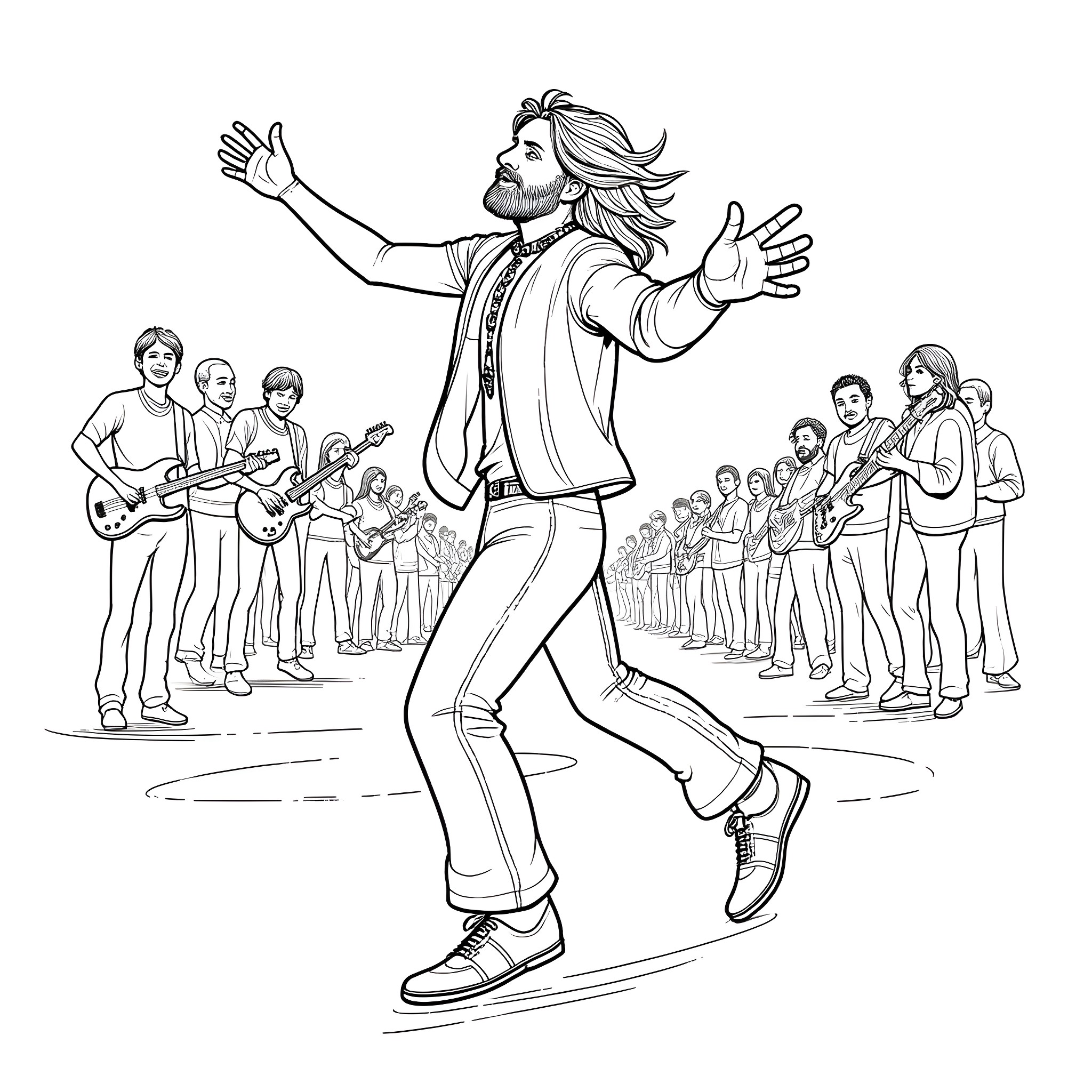 Hippie rock musician performing energetically on stage Coloring Page (free black-and-white line drawing printable PDF for all, from beginners to advanced learners, including children, teens, adults, and seniors)