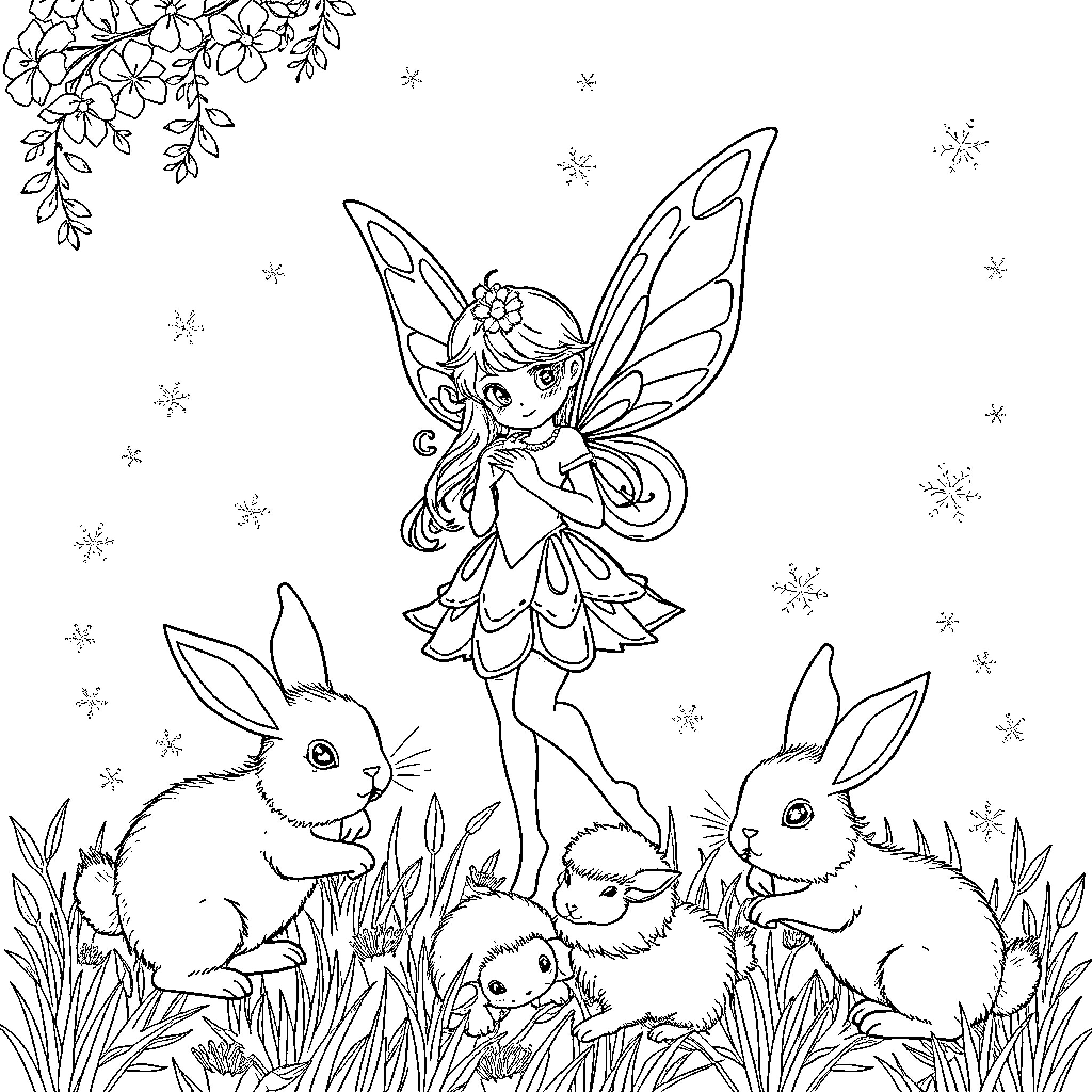 Fairy playing with adorable rabbits in the forest Coloring Page (free black-and-white line drawing printable PDF for all, from beginners to advanced learners, including children, teens, adults, and seniors)