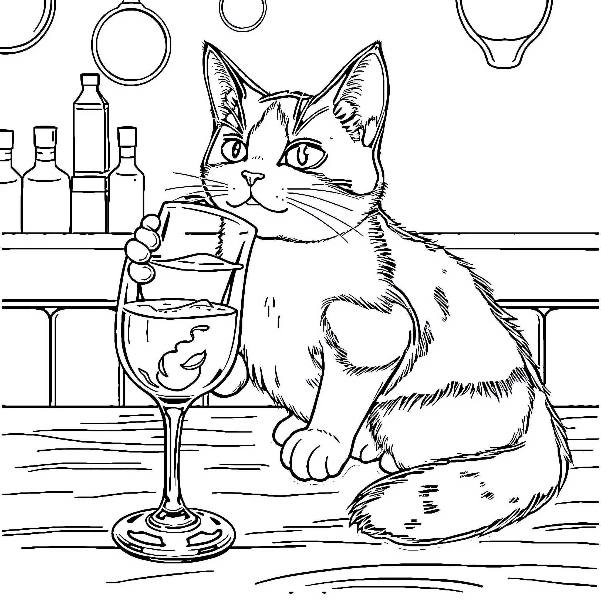 Cat enjoying a glass of wine at the bar Coloring Page (free black-and-white line drawing printable PDF for all, from beginners to advanced learners, including children, teens, adults, and seniors)