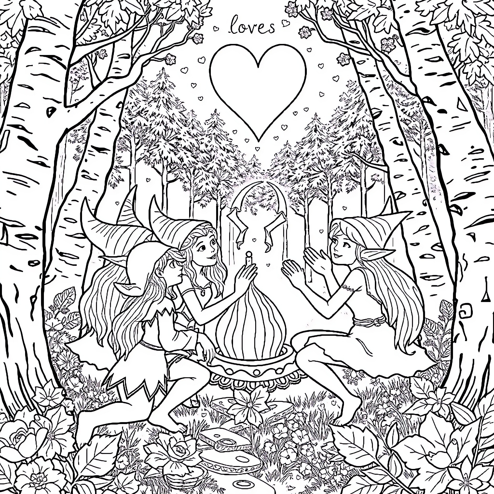 Elf friends gathering in enchanted forest Coloring Page (free black-and-white line drawing printable PDF for all, from beginners to advanced learners, including children, teens, adults, and seniors)