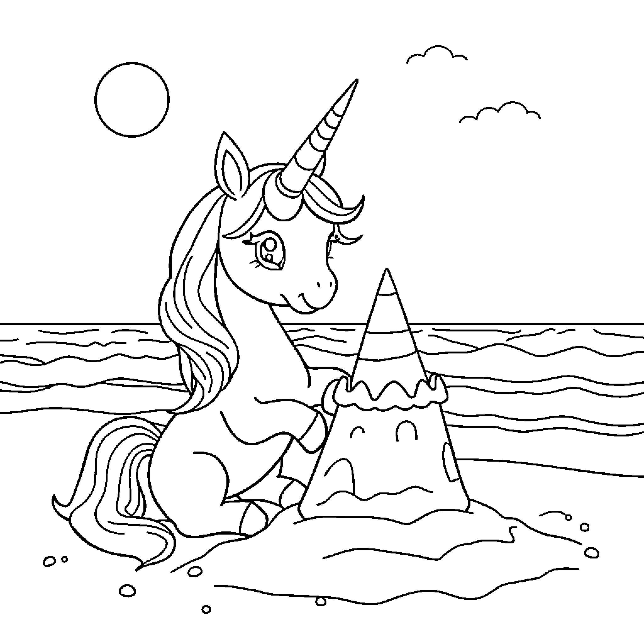Unicorn creating a sandcastle near the ocean Coloring Page (free black-and-white line drawing printable PDF for all, from beginners to advanced learners, including children, teens, adults, and seniors)