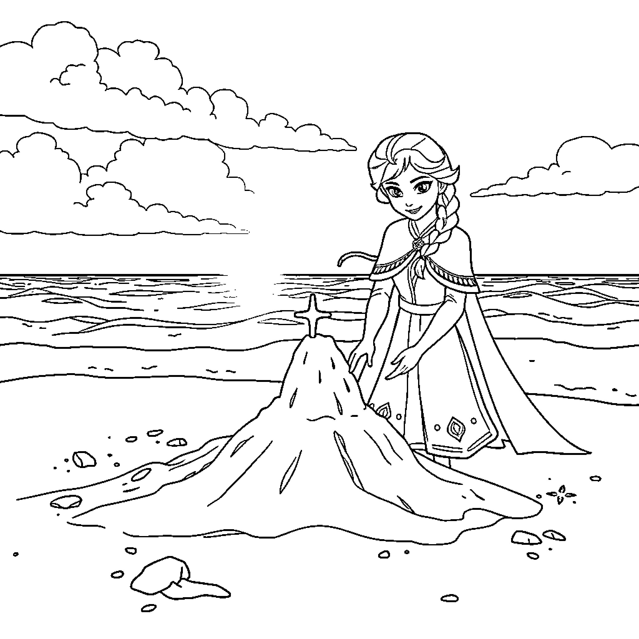 Elsa playing in the sand by the shore Coloring Page (free black-and-white line drawing printable PDF for all, from beginners to advanced learners, including children, teens, adults, and seniors)