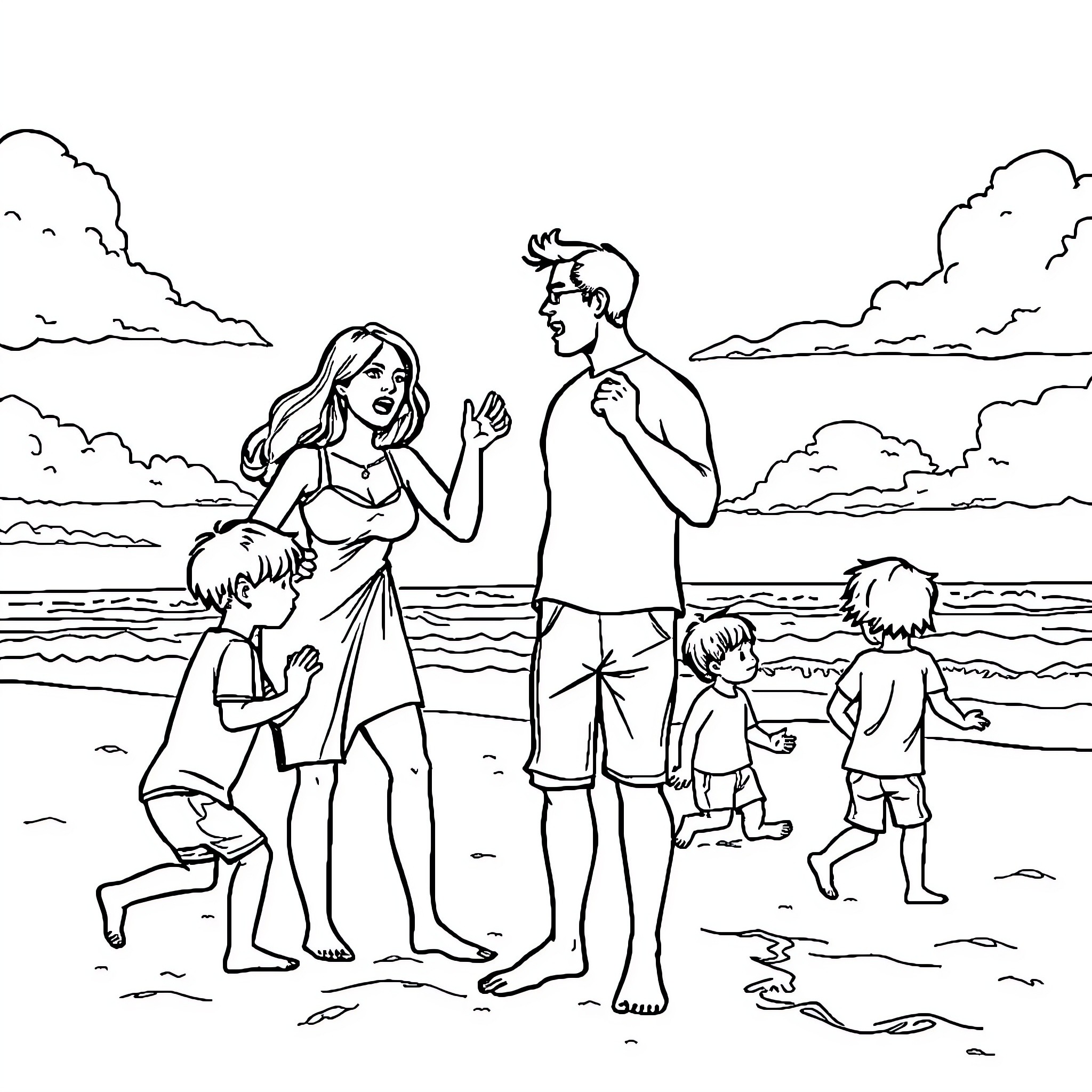 Family enjoying a day at the beach Coloring Page (free black-and-white line drawing printable PDF for all, from beginners to advanced learners, including children, teens, adults, and seniors)