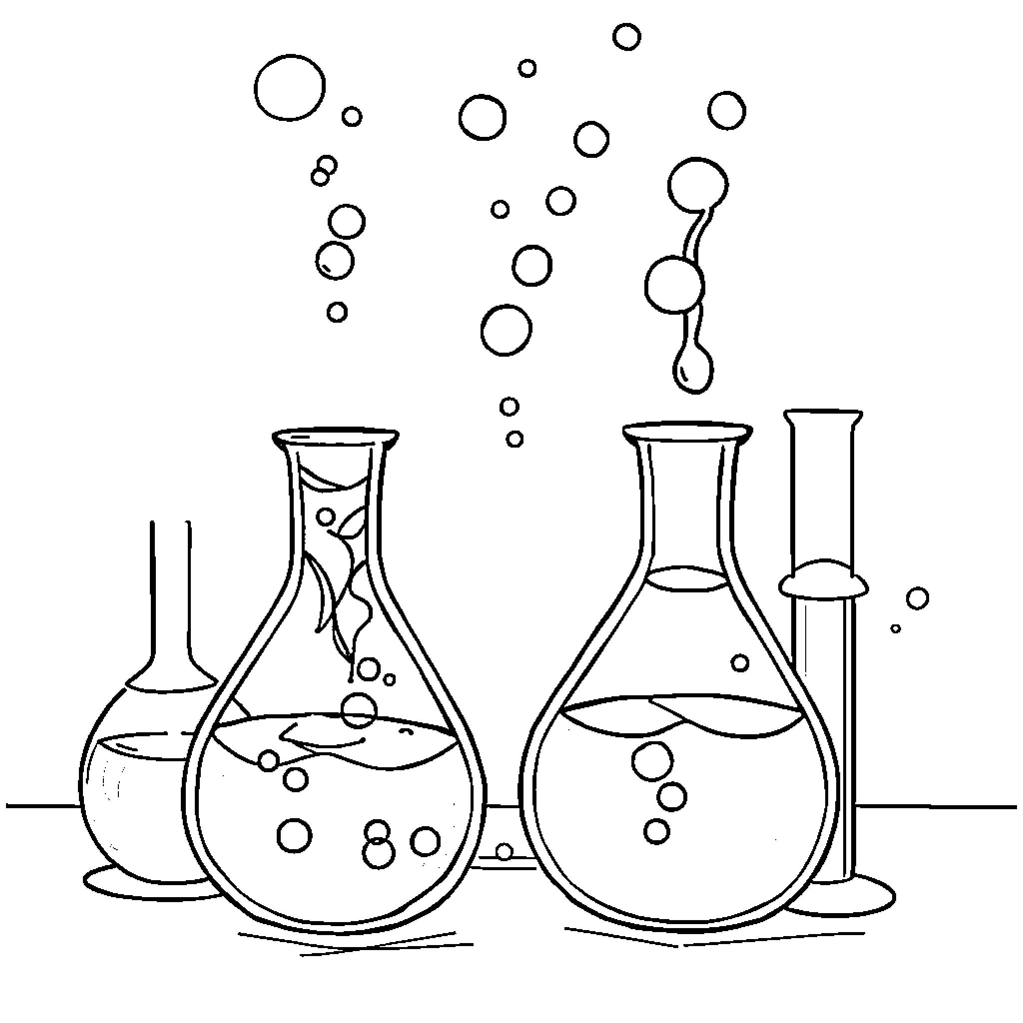Chemistry Lab Equipment and Experiments Coloring Page (free black-and-white line drawing printable PDF for all, from beginners to advanced learners, including children, teens, adults, and seniors)