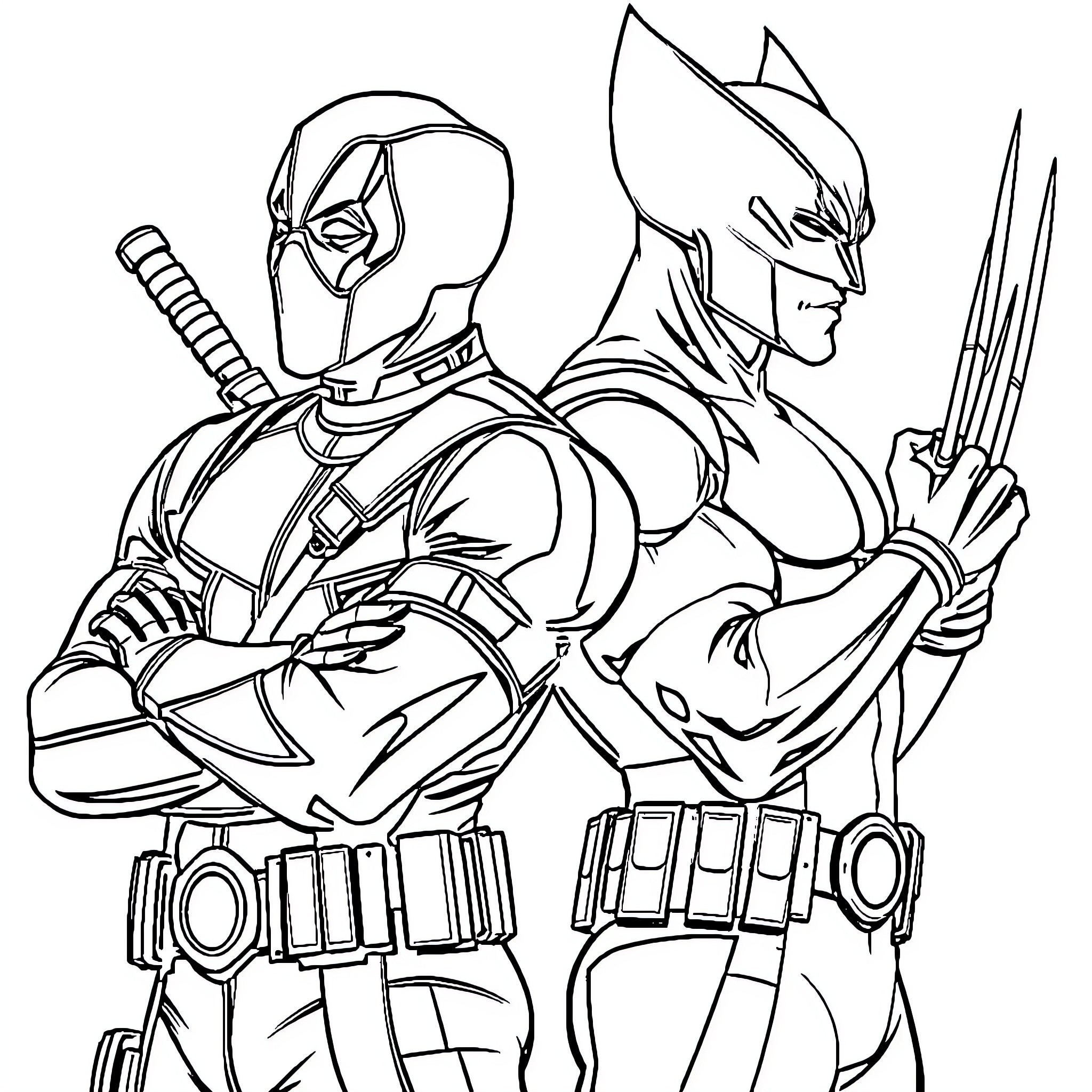 Deadpool standing tall with Wolverine beside him Coloring Page (free black-and-white line drawing printable PDF for all, from beginners to advanced learners, including children, teens, adults, and seniors)