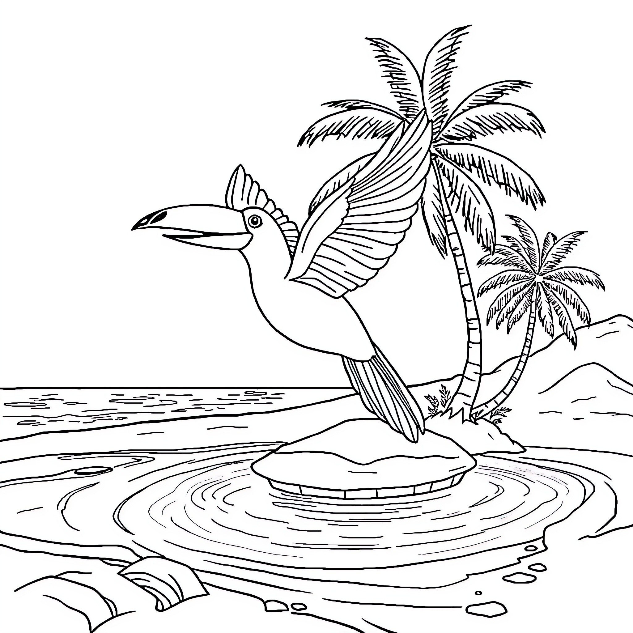 Papagai enjoying a tropical paradise Coloring Page (free black-and-white line drawing printable PDF for all, from beginners to advanced learners, including children, teens, adults, and seniors)