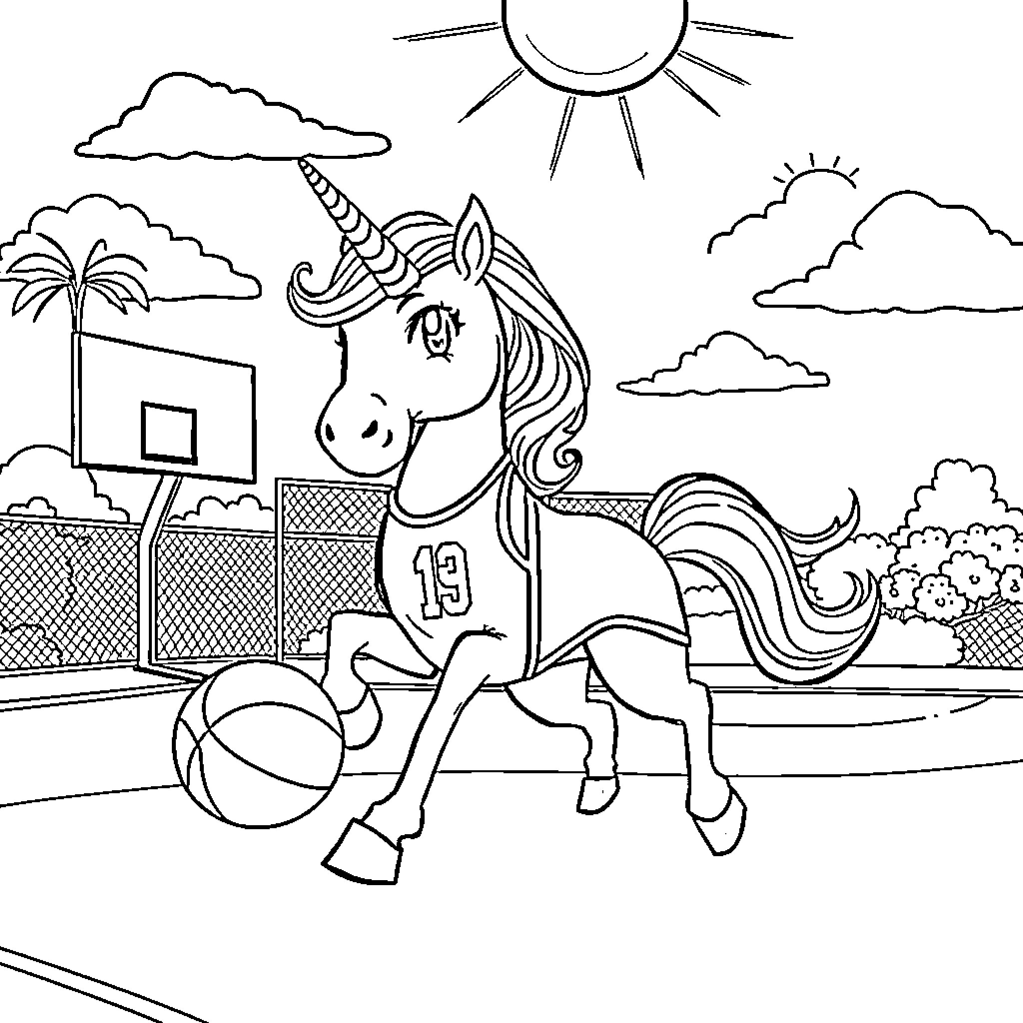 Unicorn Playing Basketball in the Sunshine Coloring Page (free black-and-white line drawing printable PDF for all, from beginners to advanced learners, including children, teens, adults, and seniors)