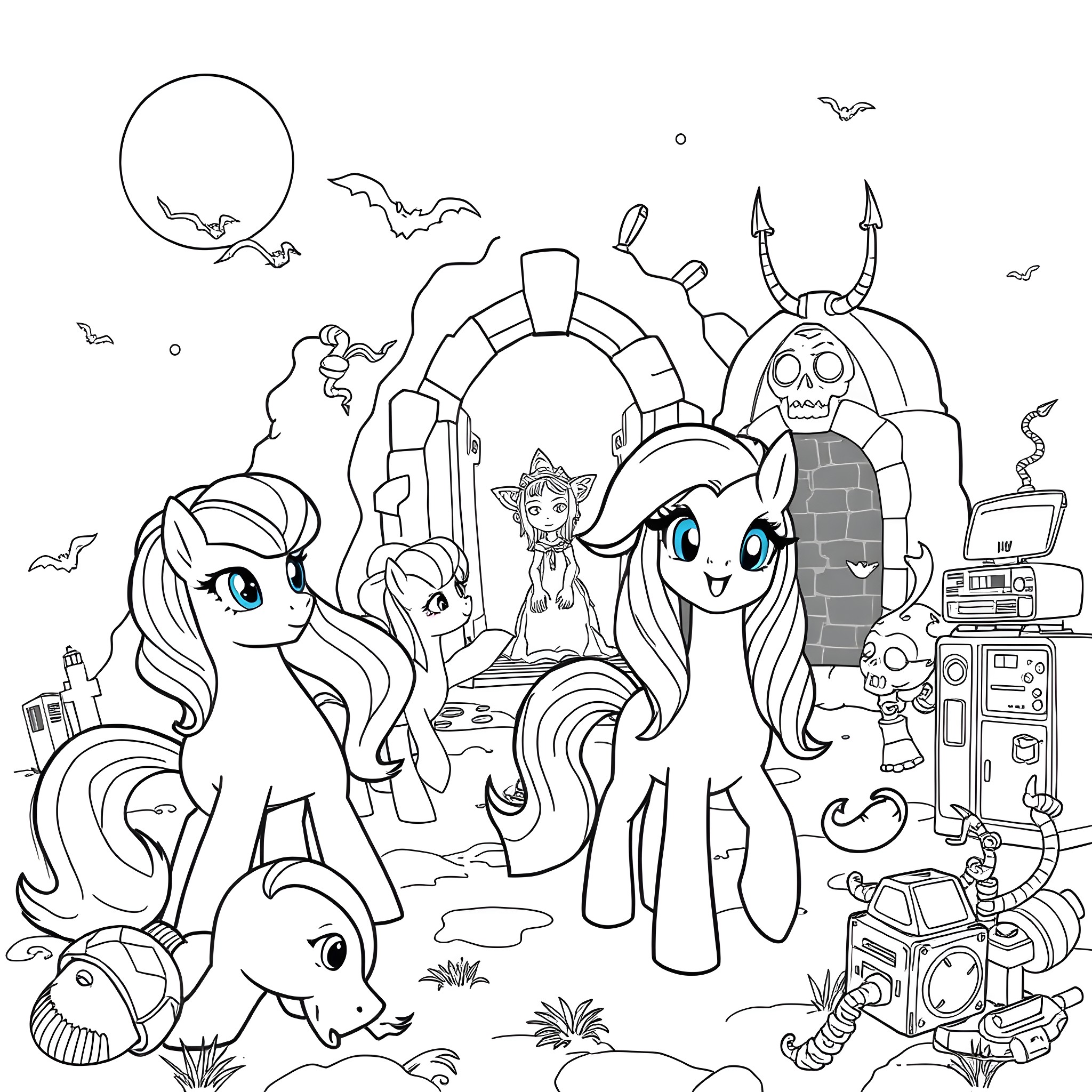 Pony's Spooky Adventure in the Enchanted Forest Coloring Page (free black-and-white line drawing printable PDF for all, from beginners to advanced learners, including children, teens, adults, and seniors)