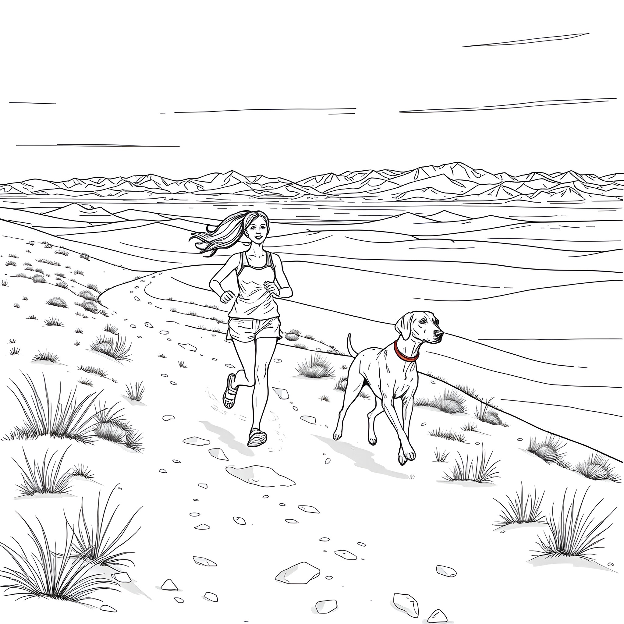 Girl running with her dog in the desert Coloring Page (free black-and-white line drawing printable PDF for all, from beginners to advanced learners, including children, teens, adults, and seniors)