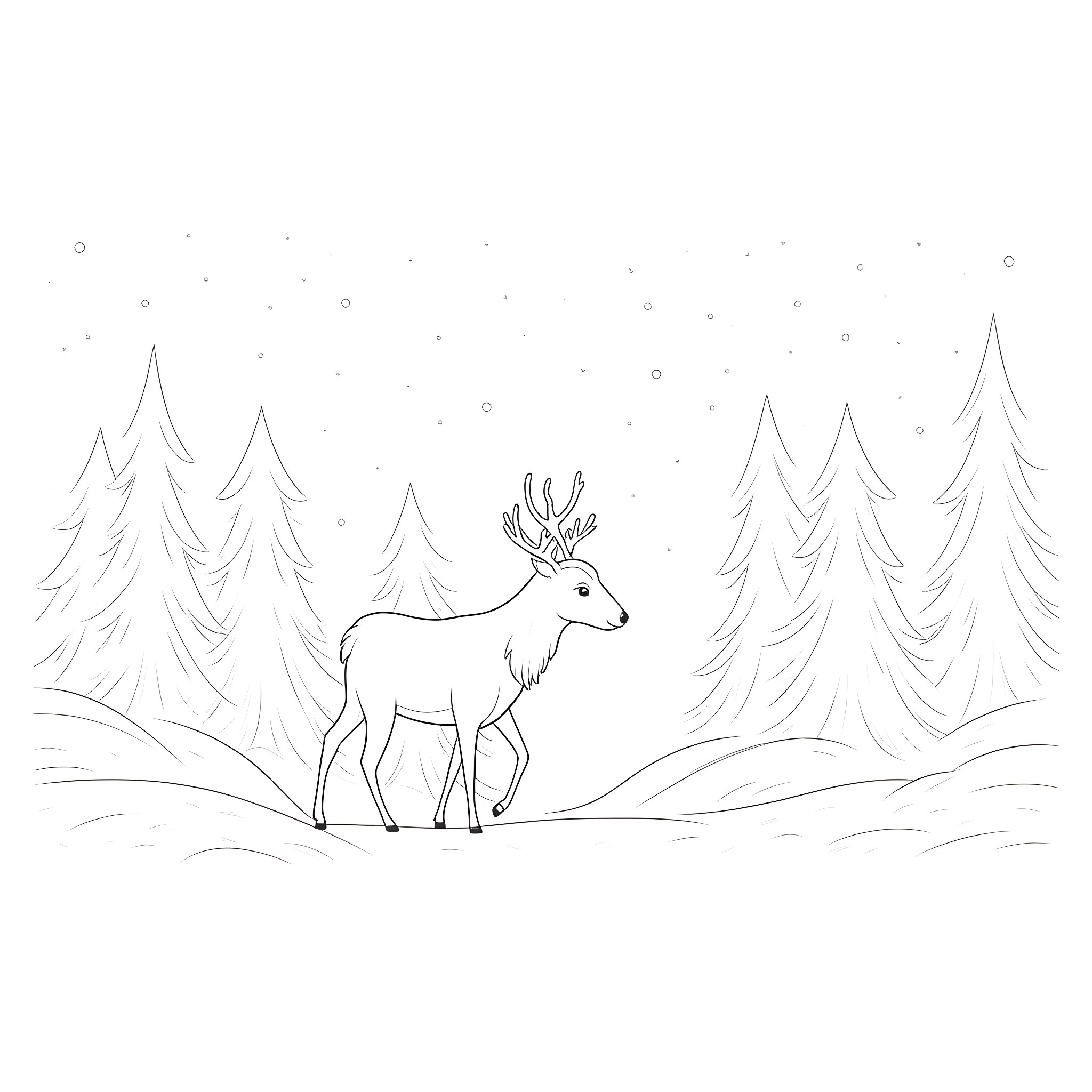 Reindeer standing in snowy forest Coloring Page (free black-and-white line drawing printable PDF for all, from beginners to advanced learners, including children, teens, adults, and seniors)