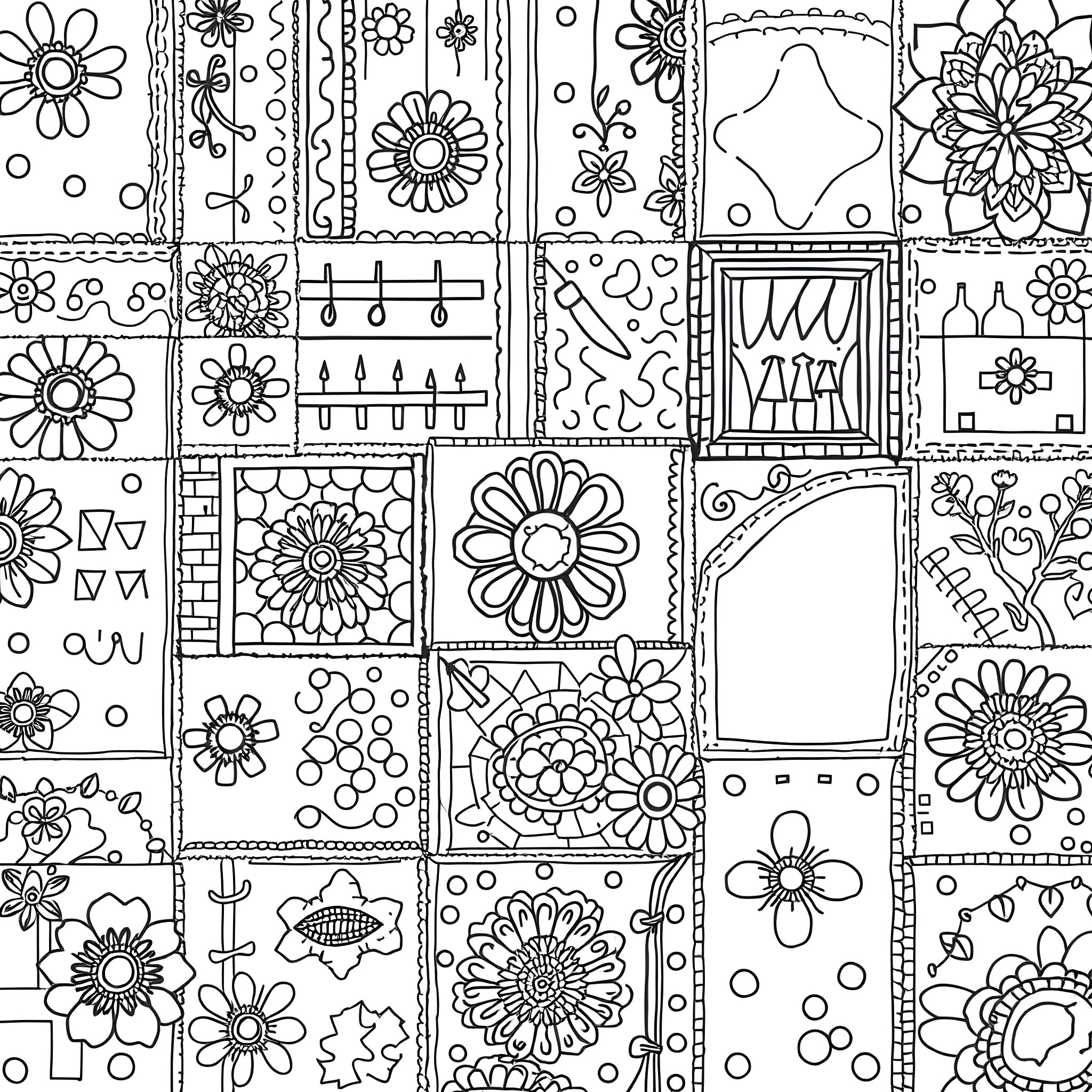 Patchwork of Floral Designs and Patterns Coloring Page (free black-and-white line drawing printable PDF for all, from beginners to advanced learners, including children, teens, adults, and seniors)