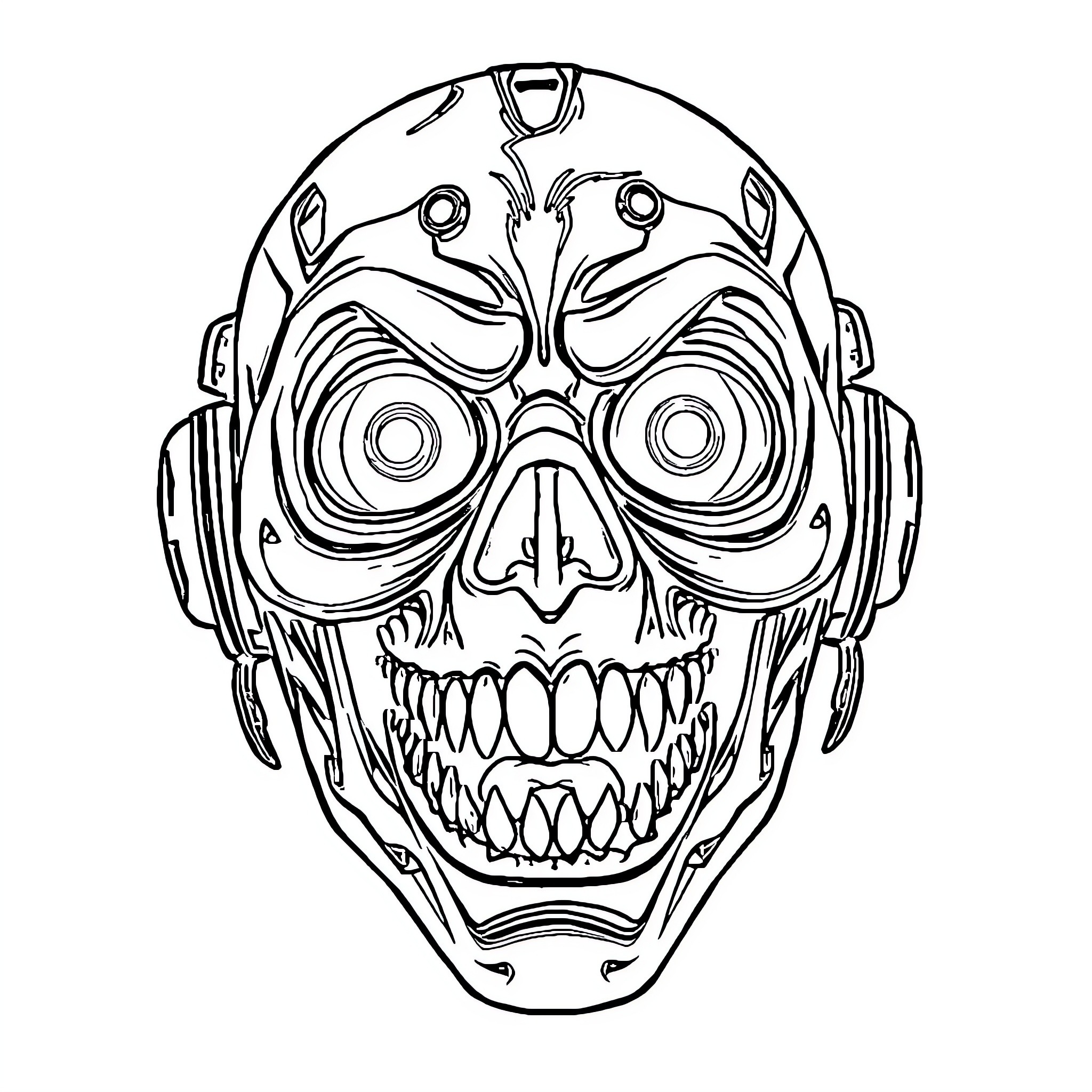 Psycho Mask with Unsettling Expression Coloring Page (free black-and-white line drawing printable PDF for all, from beginners to advanced learners, including children, teens, adults, and seniors)